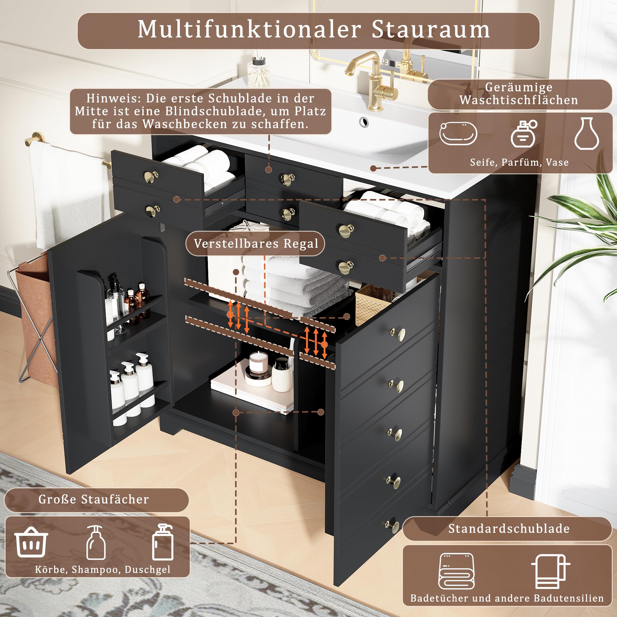 Waschbeckenschrank mit Vielseitiger Stauraum, Badezimmerschrank mit 2 Schubladen und Verstellbare Einlegeböden, Keramikwaschbecken, Moderner Badmöbel, Schwarz-D, 91.5x47x86.5 cm