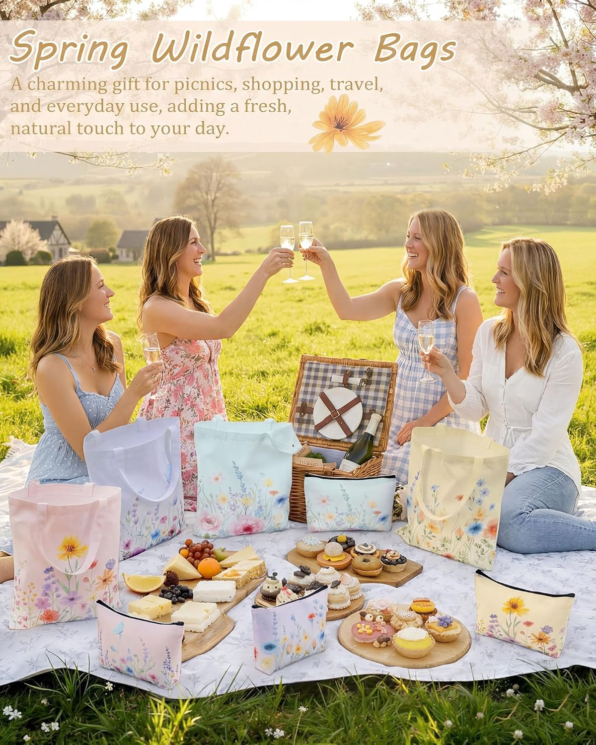 8 Pcs Floral Cute Canvas Tote and Cosmetic Bags Fabric Wildflower Aesthetic Spring Reusable Gift for Mother Women