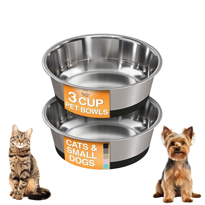Tigelas de Aço Inoxidável para Cães e Gatos com Base Antiderrapante Neater Pet Brands, 3 Xícaras, Preta, Pacote com 2