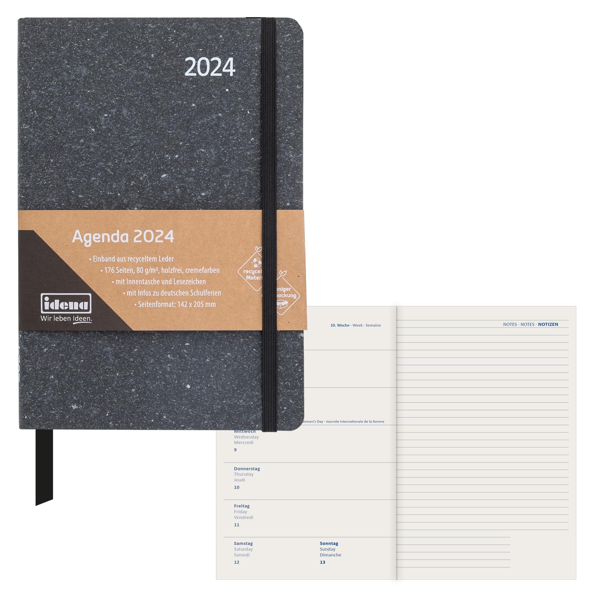 Idena 11068-2024 Diary - DIN A5-176 Pages - Grey - 1 Week on 1 Page - Agenda - Weekly Planner - Recycled Leather Cover