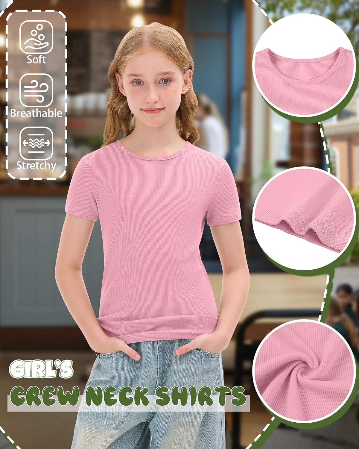 4 Pack Girls' Short Sleeve Shirts Ribbed Knit Crew Neck Tops Slim Fit Casual T-Shirt Kids Summer Basic Tees 5-14Y - Image 6