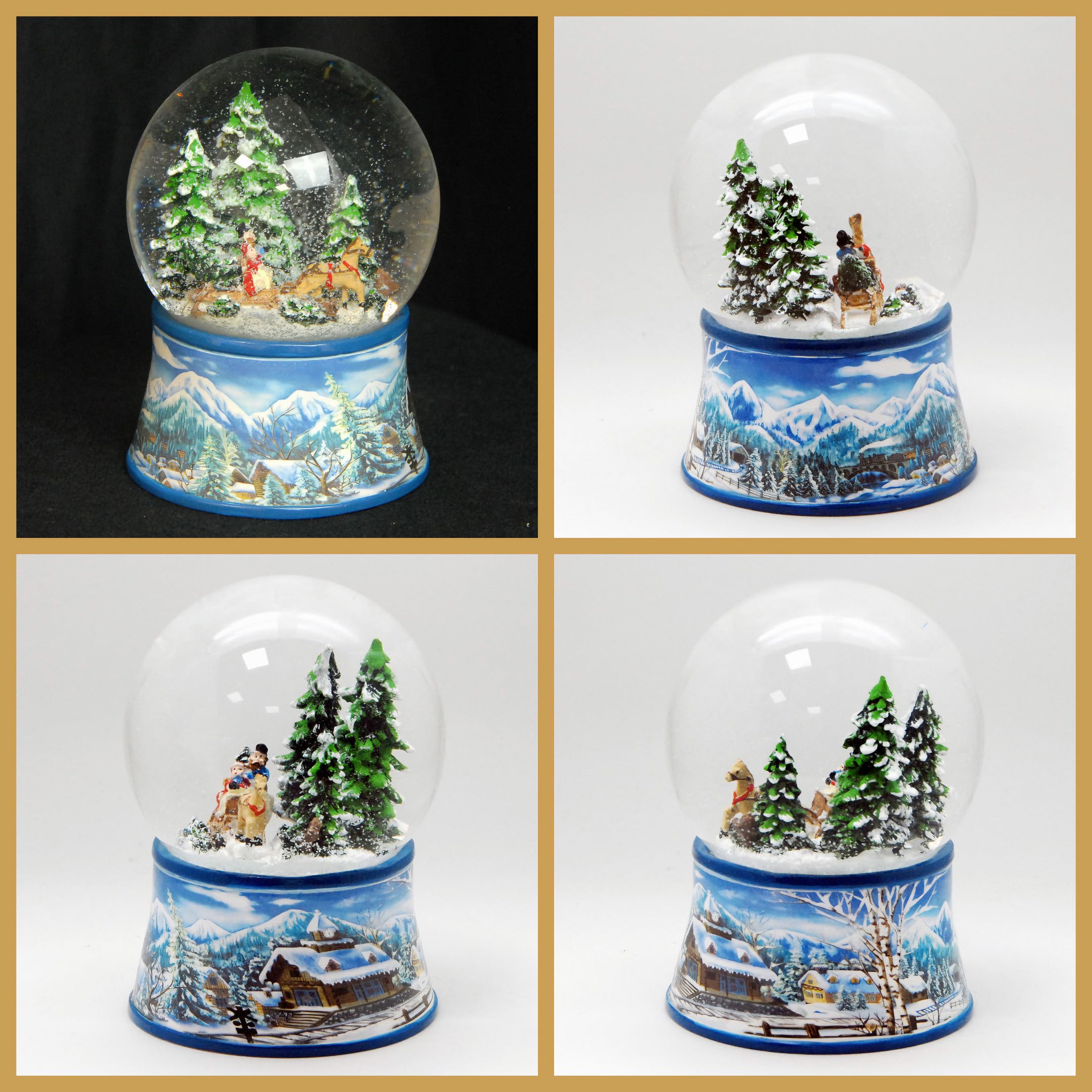 Schneekugel Schlittenfahrt Weihnachtsbaum Holen | Sockel Winterlandschaft hellblau | mit Spieluhr | H:14 cm B: 10 cm | Schüttelkugel | 20102