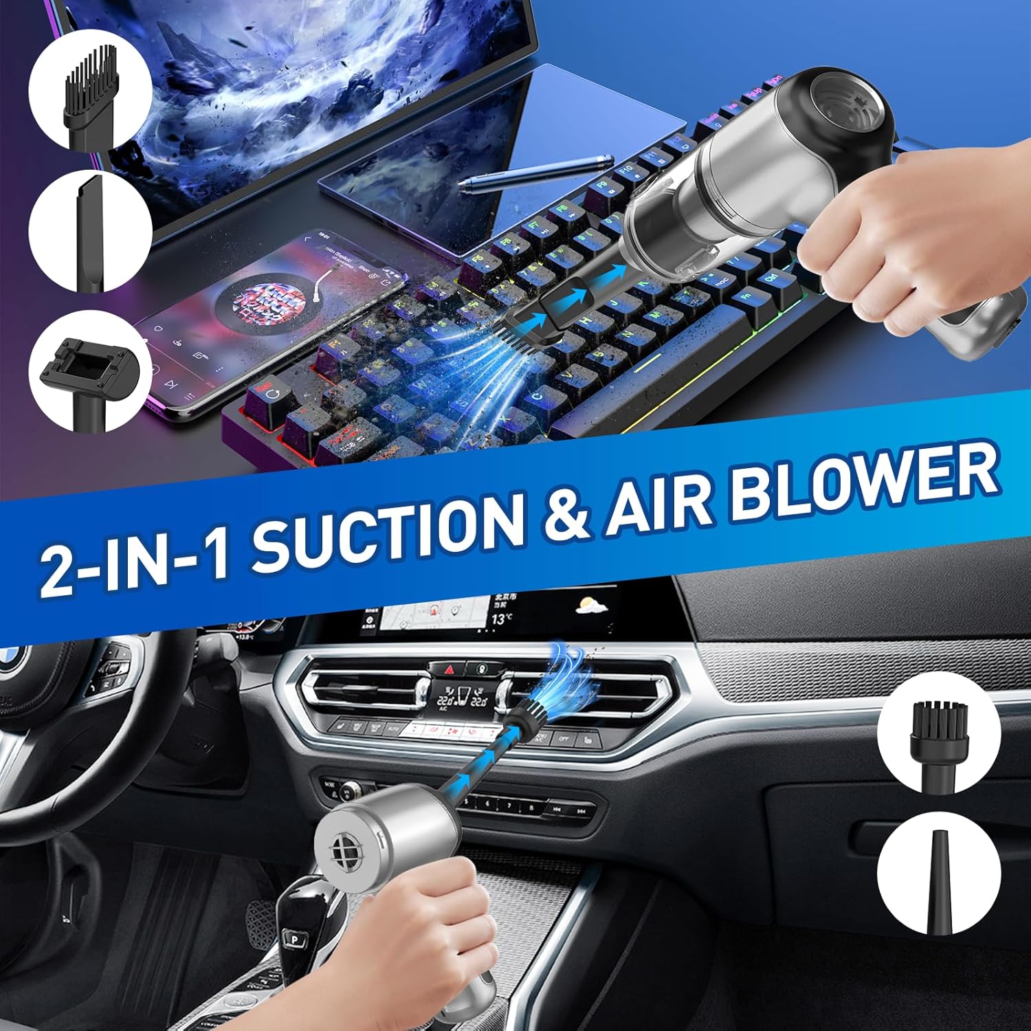 Handheld Car Vacuum Cleaner Cordless, 20000PA High Power Hand Held Vacuum Cordless Rechargeable, Portable Mini Vacuum & Air Duster with Brushless Motor and 2-Gear Modes for Car Home Office - Image 3