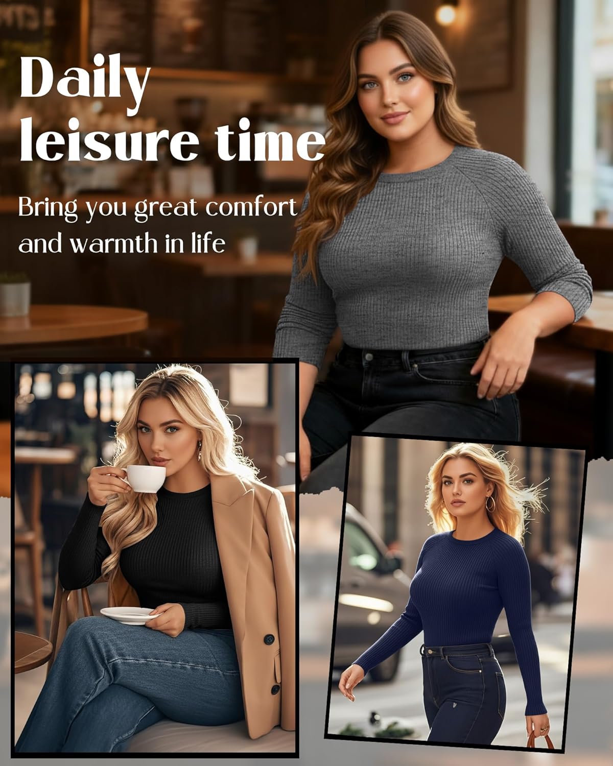 3 Pack Plus Size Thermal Shirts for Women Cotton Long Sleeve Ribbed Slim Fit Tops Crewneck Underwear Base Layer - Image 3