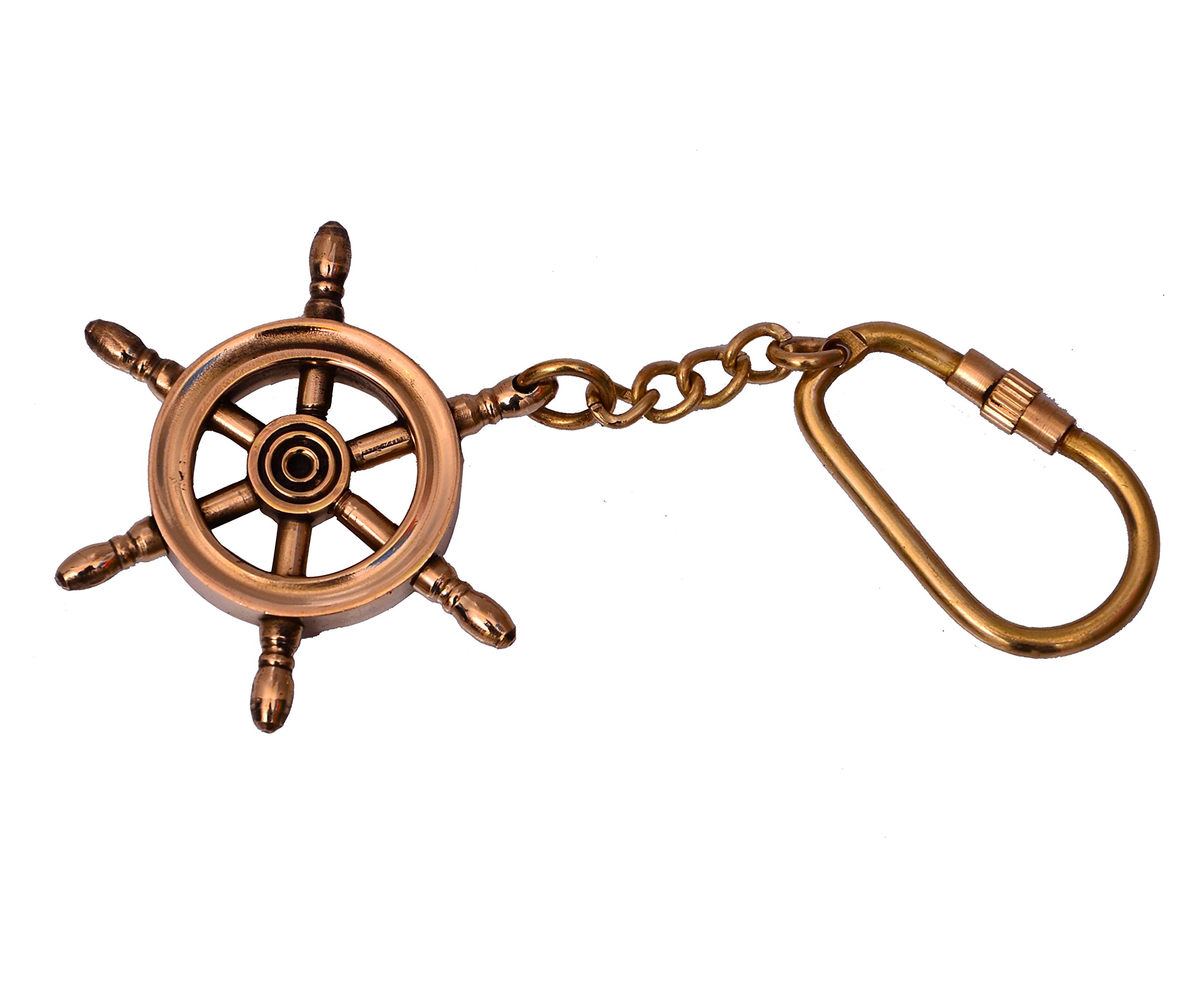 Purpledip Key Chain/Ring/Hook Shaped As Ship's Steering Wheel: Sculpted In Solid Brass Metal; Unique Gift Idea (10580)