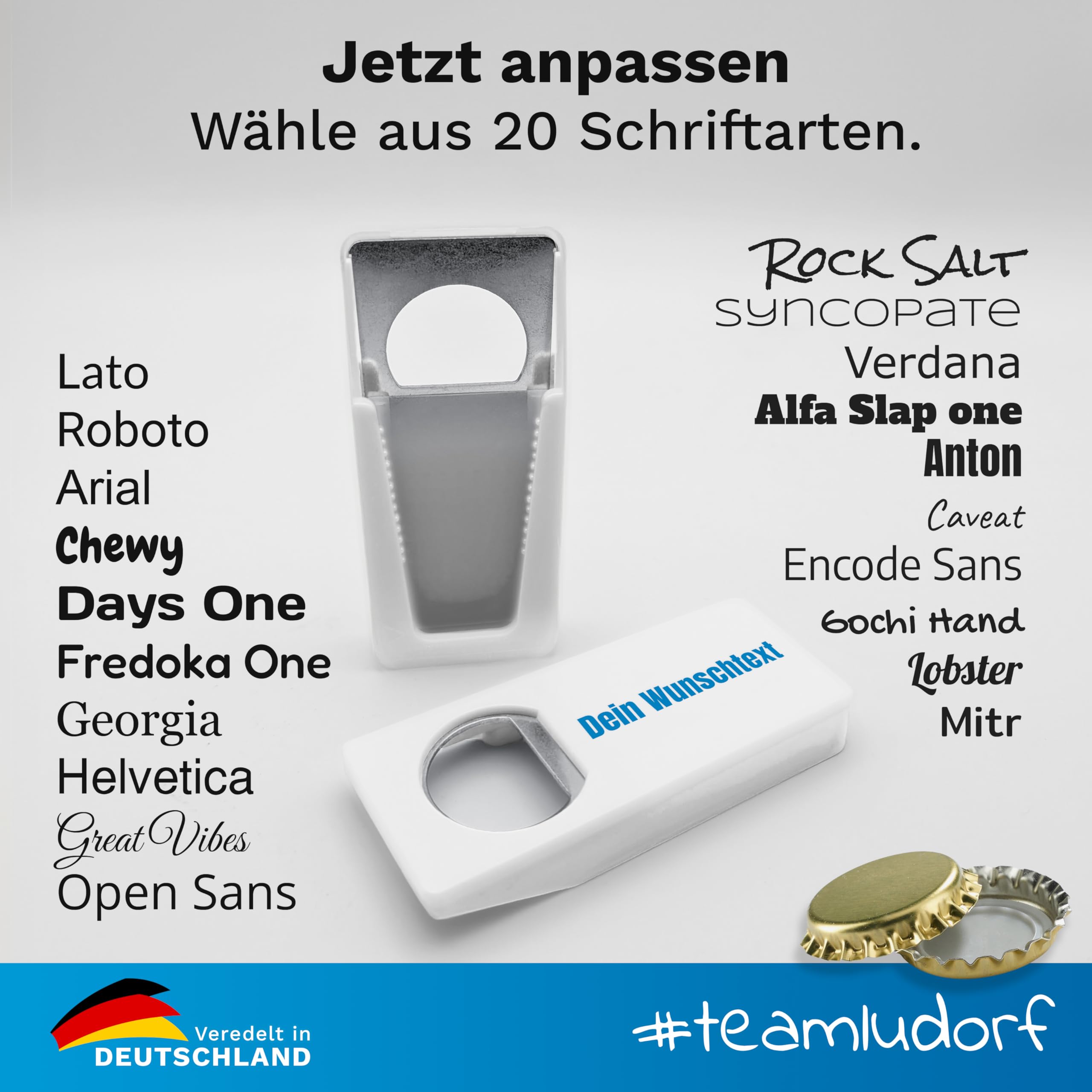 100 Stück Flaschenöffner mit spezieller Beschriftung in Weiß – personalisierbar mit eigenem Text und Bild, erhältlich in mehreren Farben, perfekt für Bierliebhaber