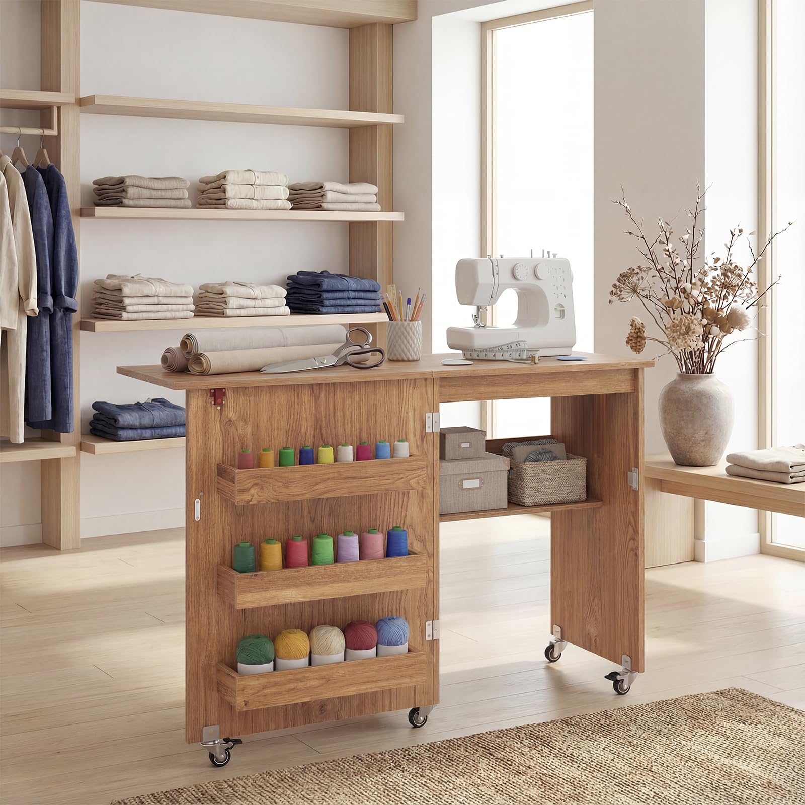 GIANTEX Nähtisch klappbar, Nähmaschinentisch auf Rollen, Nähtisch für Nähmaschine, Nähschrank Holz, Mehrzwecktisch für Wohnzimmer Arbeitszimmer Schlafzimmer (Eiche)