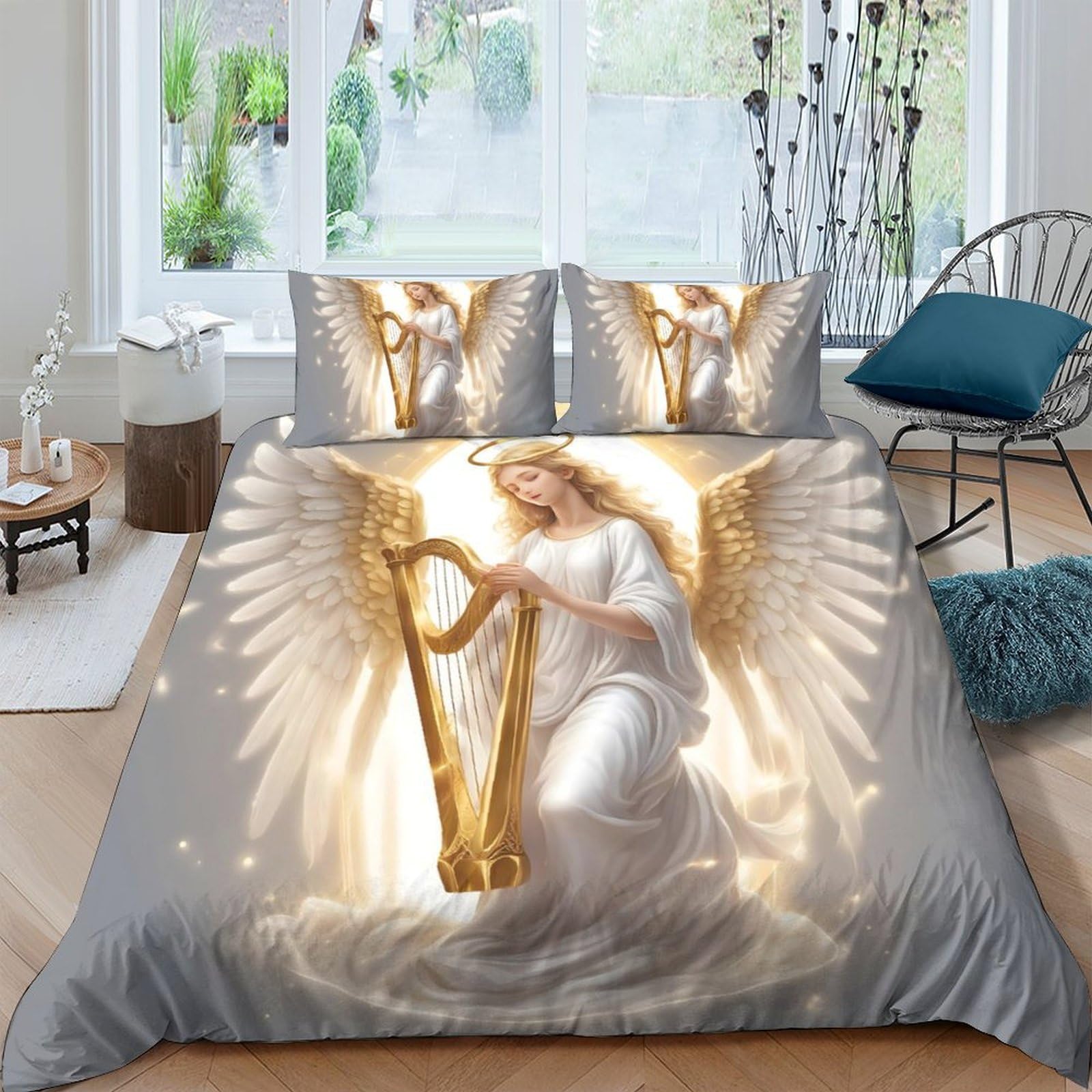 Ctjqhvkz Style-5 3D Printed Angel Harp Fitted Sheet Microfiber Soft Breathable Golden Wings Mattress Cover For Bedroom Decor Single（135X200cm）