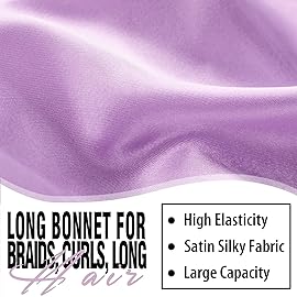 2Pcs Bonnets for Black Women Braid Bonnet, Large Long Satin Bonnet for Braids, Silk Bonnet with Stretchy Tie Band Sleep Cap Hair (2Pcs-Black&Purple)