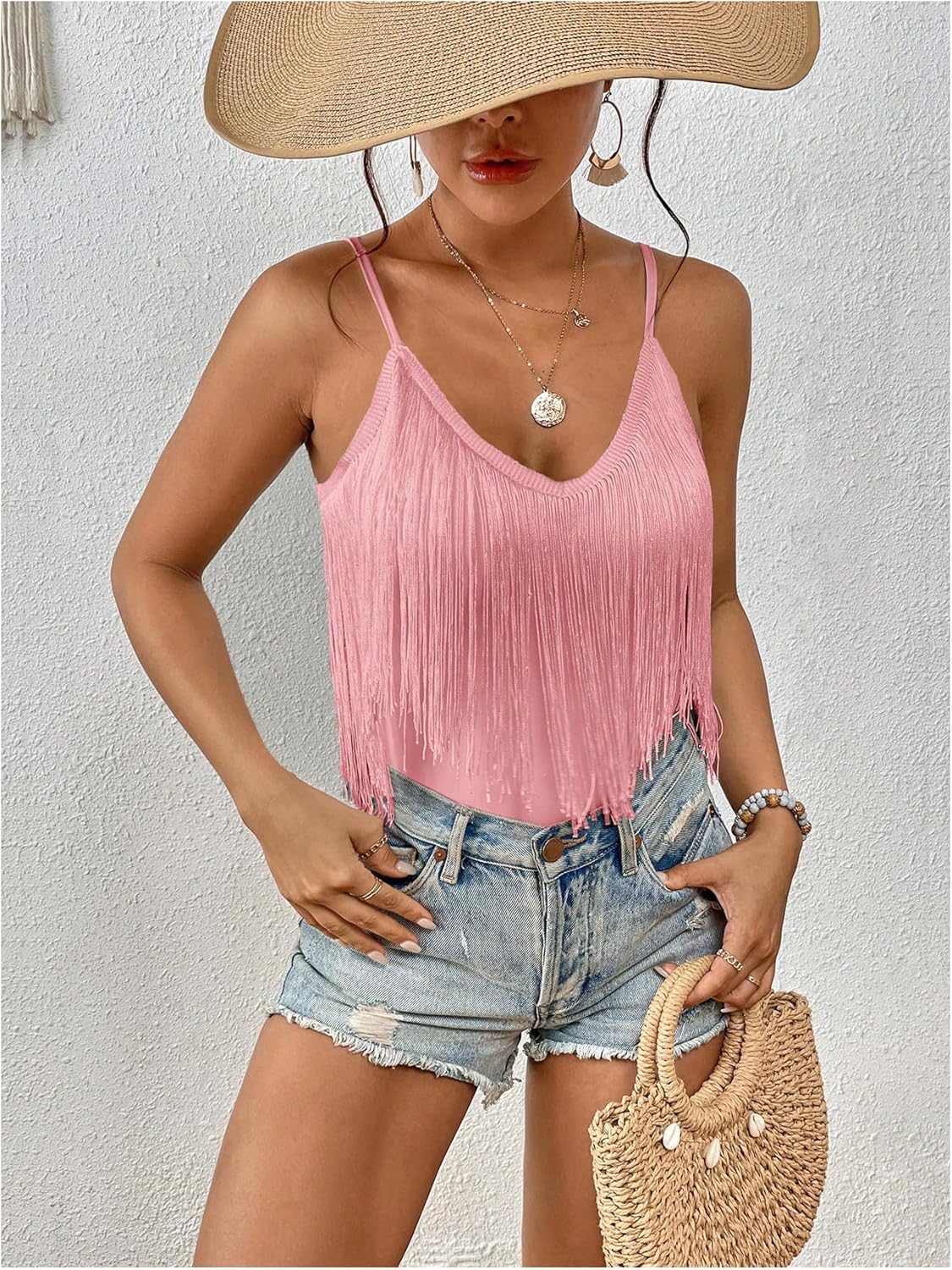Women's Sleeveless Fringe Camisole Tops V Neck Spaghetti Strap Summer Cami Shirts - Image 3