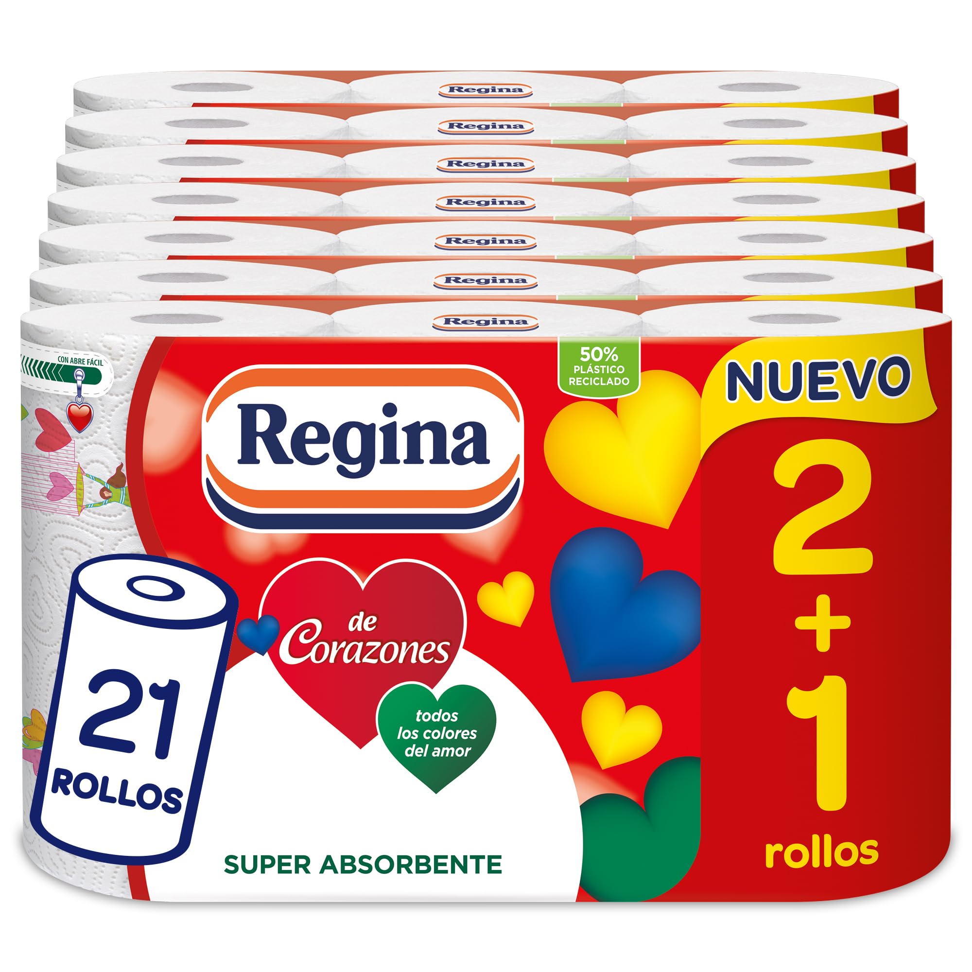 Regina De CUORI - 21 rotoli di carta da cucina, 58 fogli a 2 strati per rotolo, massimo assorbimento, 100% pura cellulosa, confezione in plastica riciclata, certificata FSC