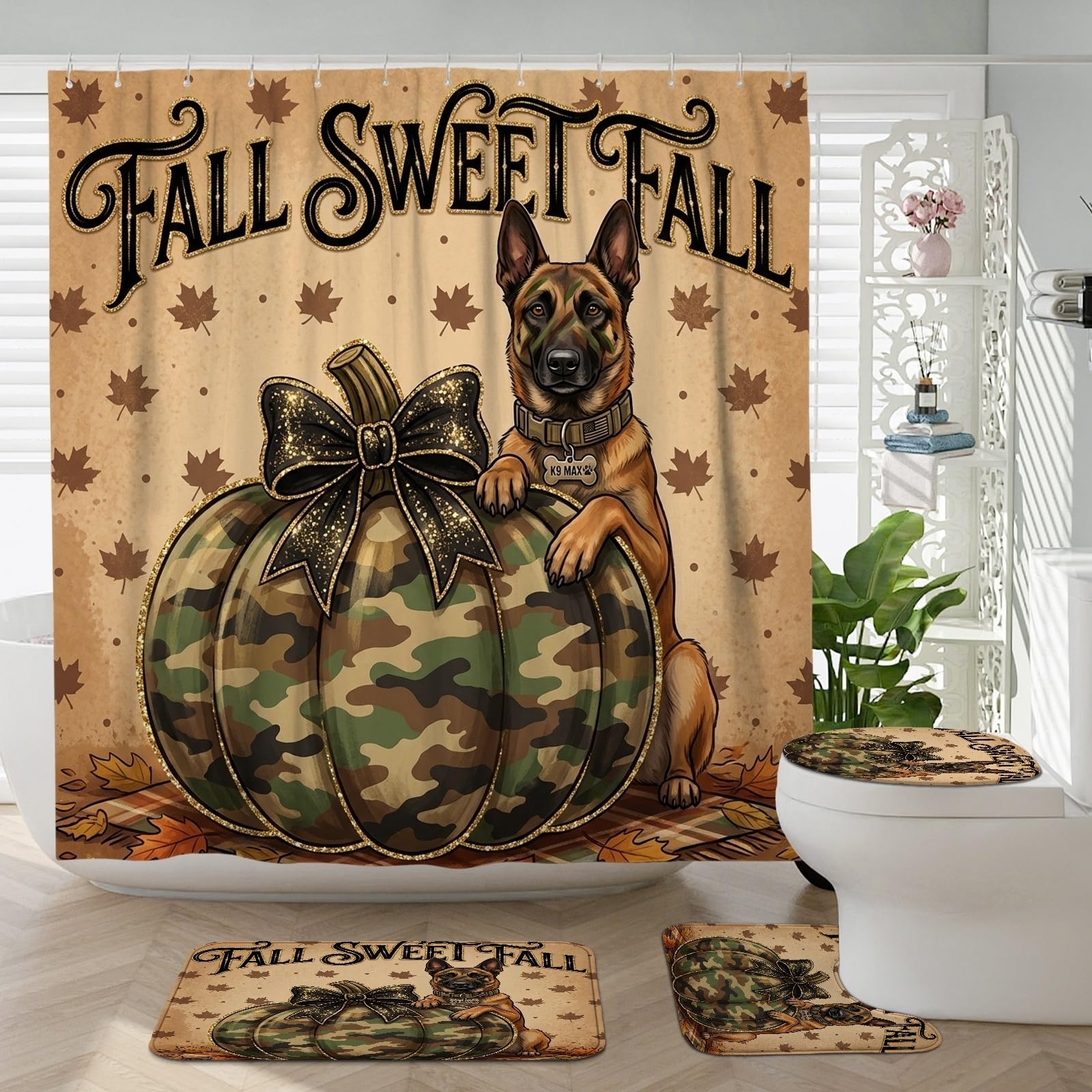 Rideau de douche malinois de 183x183 cm et tapis de bain assortis pour décoration de salle de bain