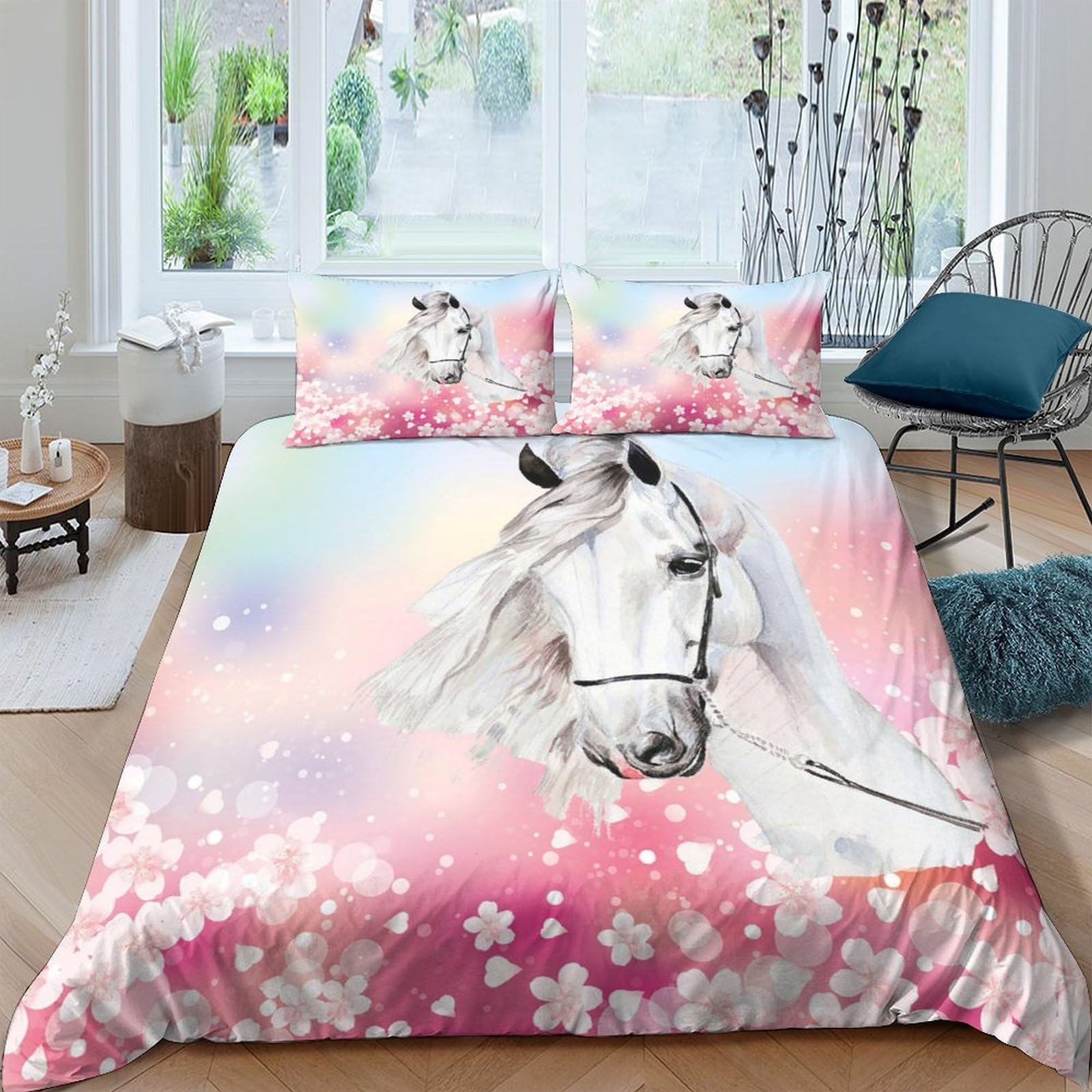 Ctjqhvkz Style-2 3D Printed White Horse Blossom Fitted Sheet Microfiber Pink Pastel Bed Sheet For Bedroom Guest Room Decor Single（135X200cm）