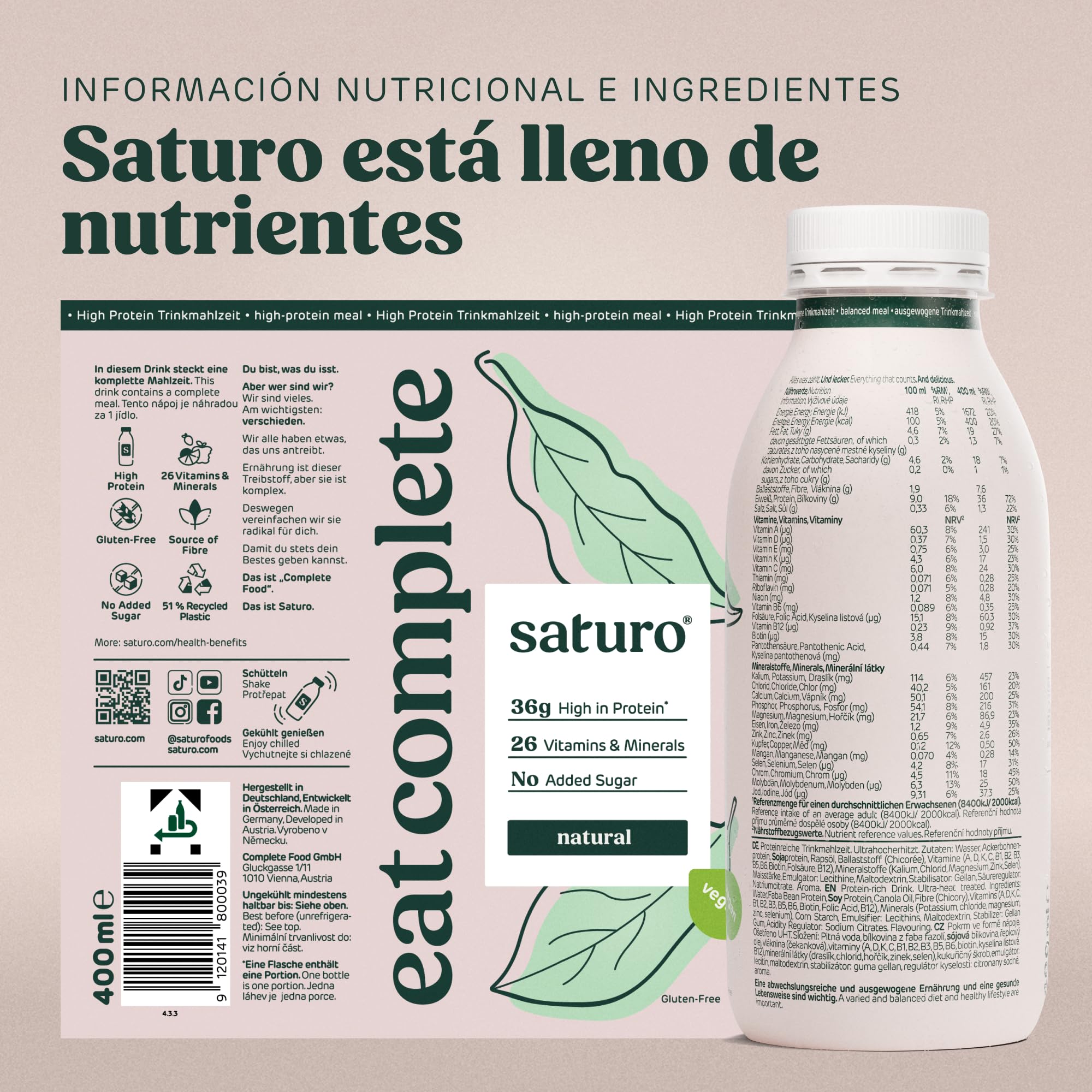 Saturo Batido de Original Sustituto de Comida | Comida para astronautas con proteínas y 500kcal | Vegano | Comida bebible con nutrientes esenciales | 6 x 500 ml