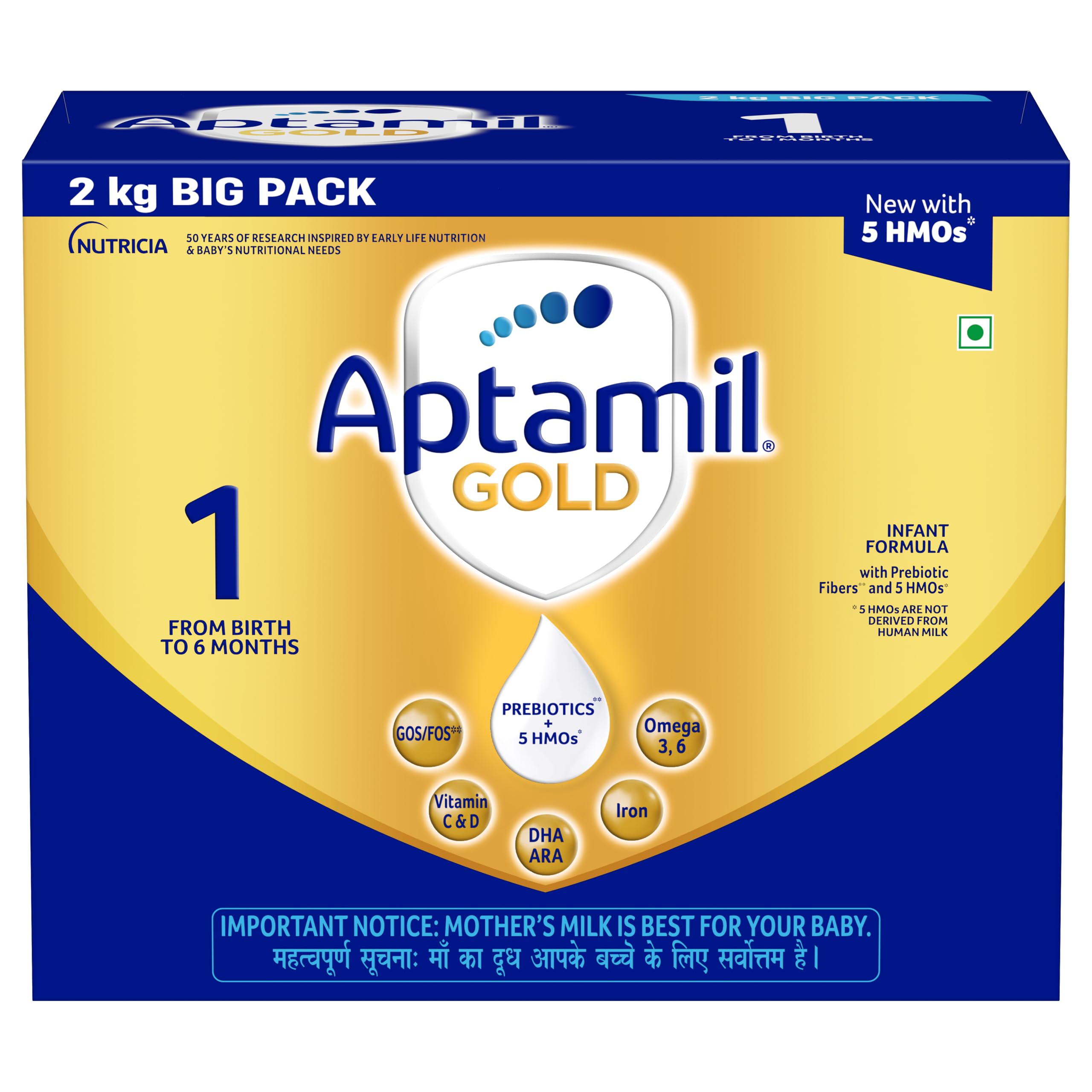 Aptamil Gold Infant Formula Milk Powder for Babies - Stage 1 (Upto 6 months) - with 5 HMOs, Prebiotics and DHA 2 kgs - BIB Pack