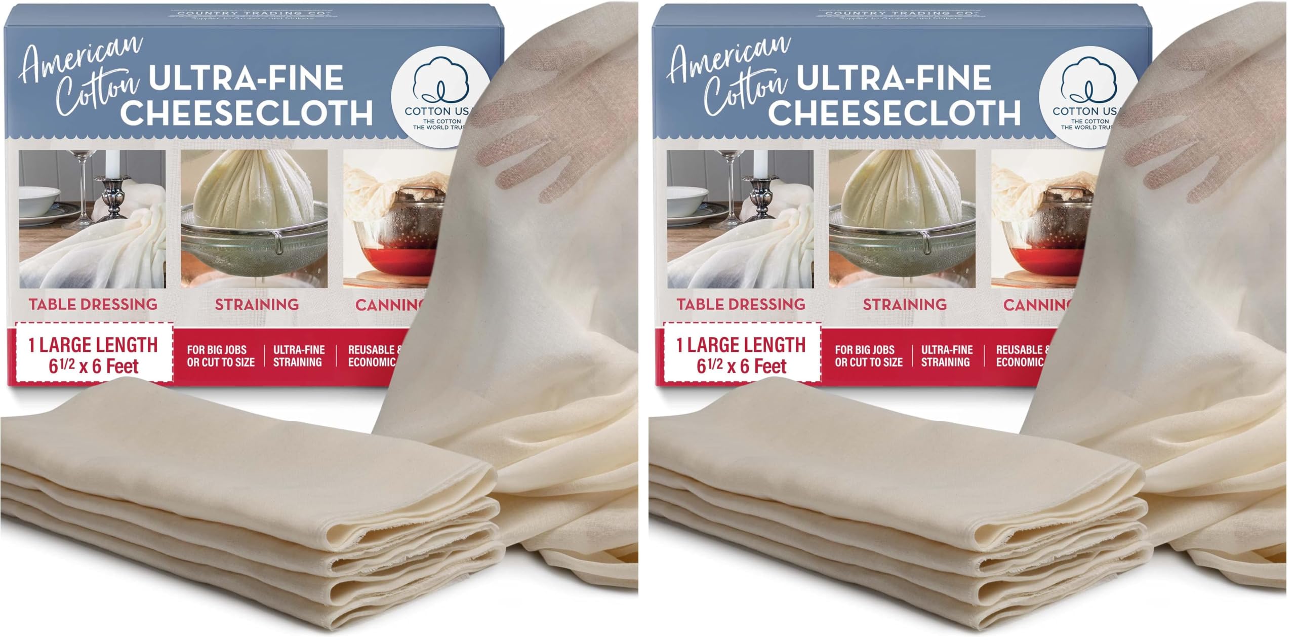 American Cotton Ultra-Fine Cheesecloth for Straining - 6 x 6.5 ft Length - Reusable Filter Cooking Cloth - Table Dressing (Pack of 2)
