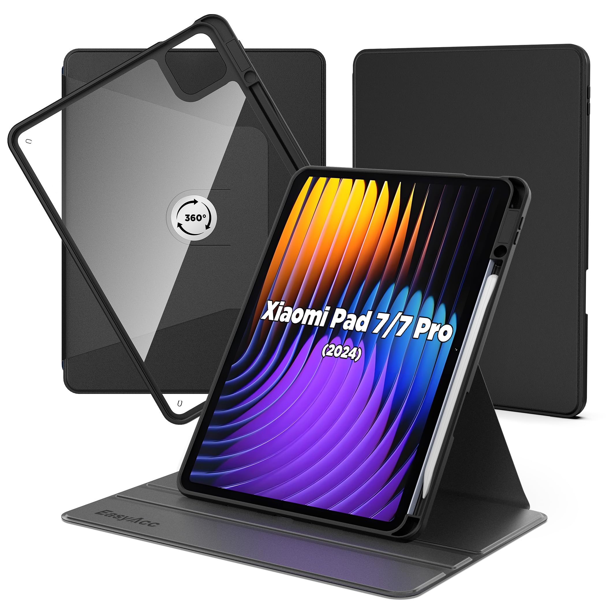 EasyAcc Rotating Case for Xiaomi Pad 7/7 Pro 11.2 Inch with Xiaomi Pen Holder and Acrylic Protective Case, 360 Degree Rotating with Impact Protection, Black