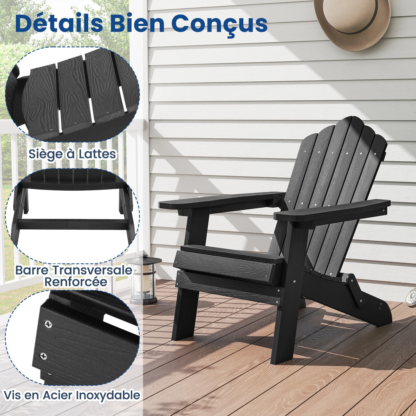 GOPLUS Fauteuil Jardin Exterieur Réglable à 4 Positions, Fauteuil Adirondack Pliable avec Repose-Pied, Chaise de Jardin Exterieur en HIPS, Idéal pour Patio, Terrasse, Cour, 88 x 77 x 95 CM (Noir)