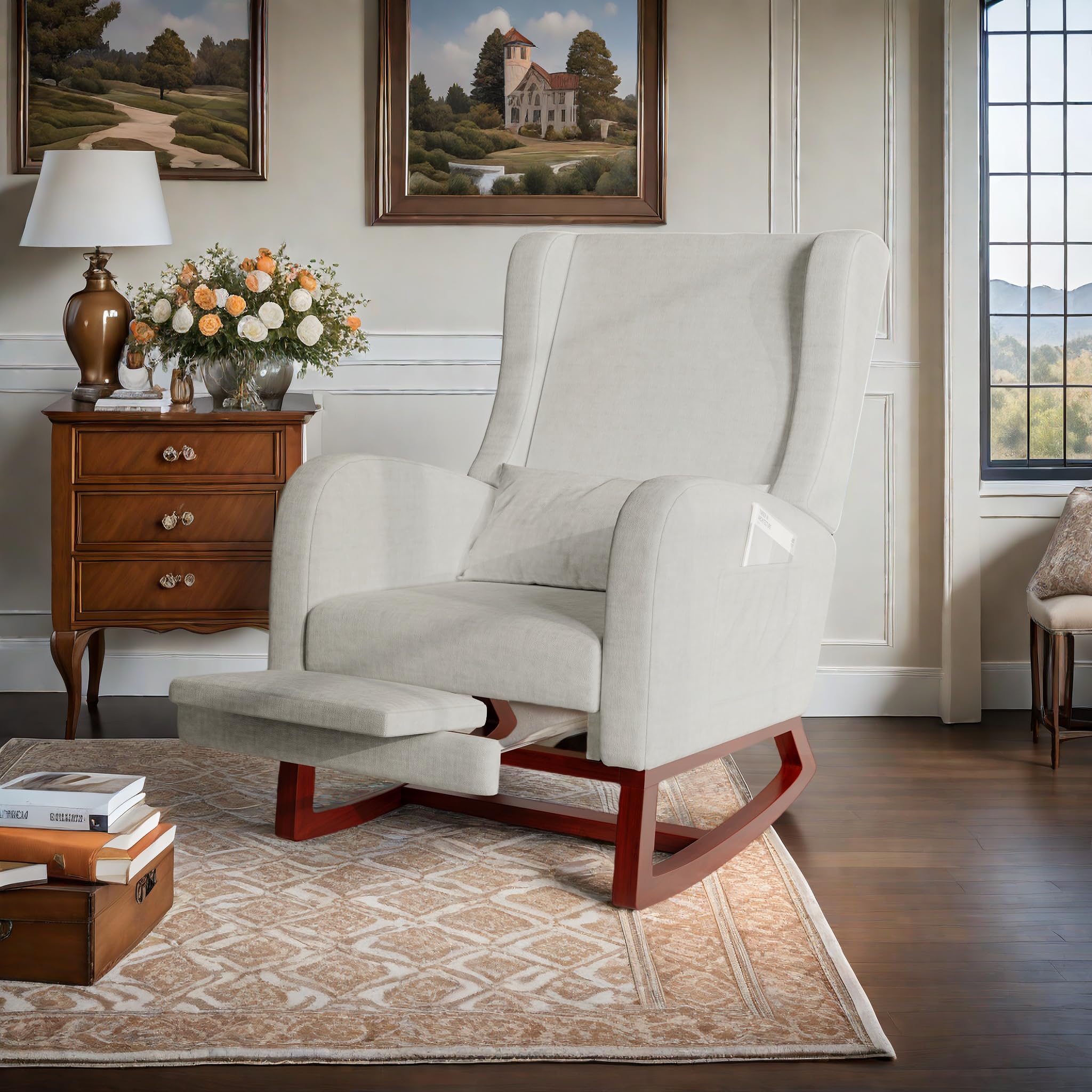 Fauteuil a Bascule, Fauteuil d'allaitement en Velours avec Repose-Pieds, Coussin Lombaire et Poche Latérale, Chaise Allaitement Chambre Bebe Rocking Chair Bois Interieur pour Salon, Chambre à Coucher