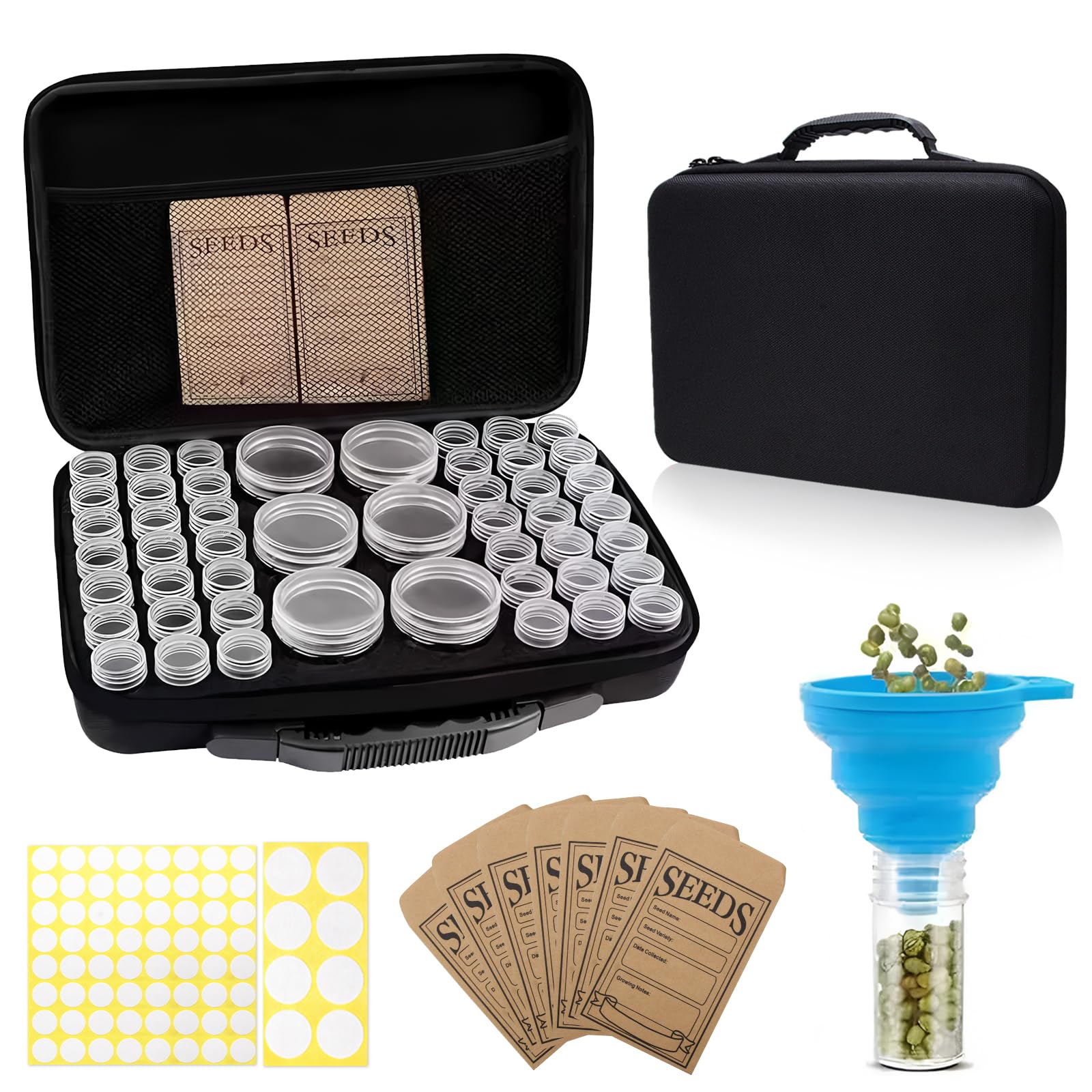 48 emplacements pour semences, boîte de rangement avec 7 sachets de graines, 2 étiquettes autocollantes et entonnoir, boîte pour graines de légumes, graines de fleurs (graines non incluses)