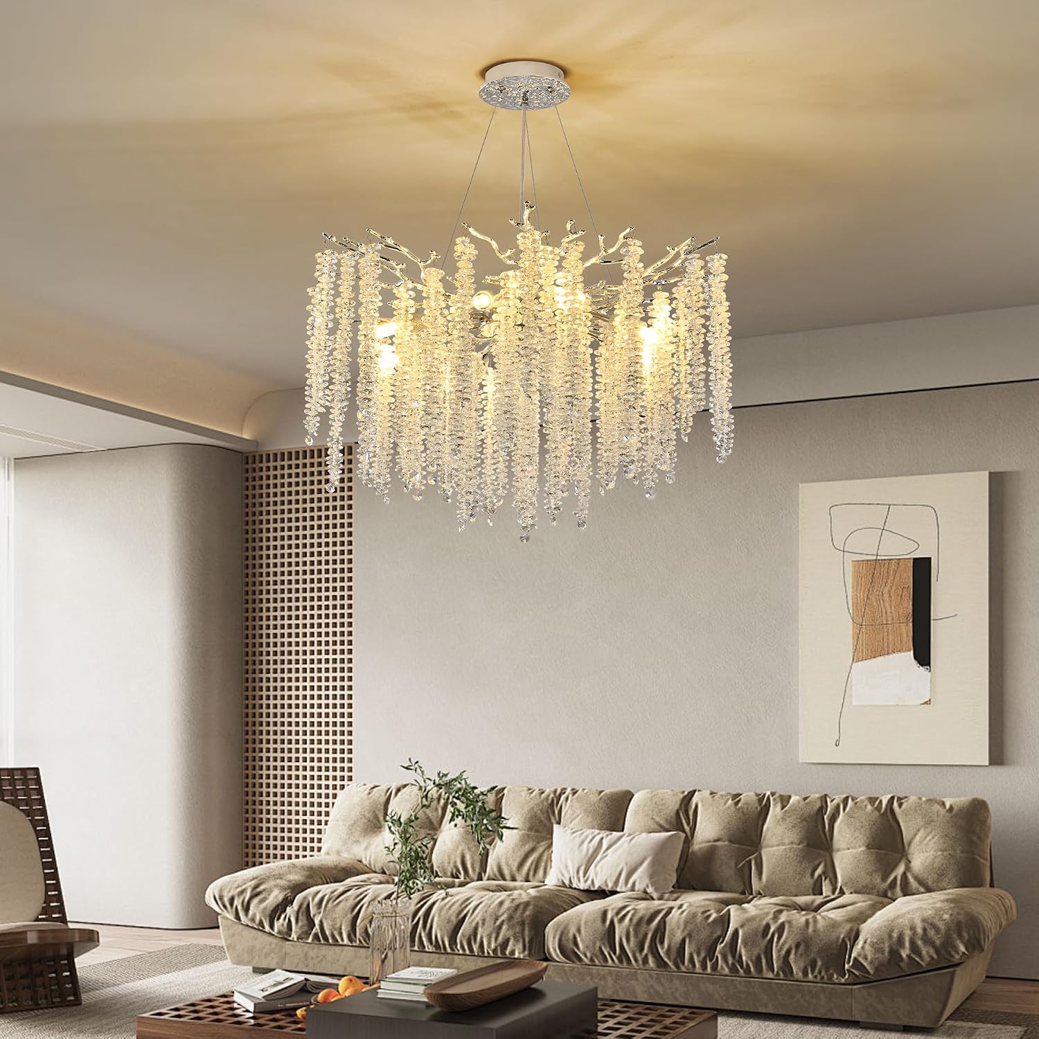 Modern Crystal Tree Branch Chandelier, Chrome Round Art Deco Raindrop Lighting Fixture for Dining Room Bedroom Foyer 6 Lights D18''