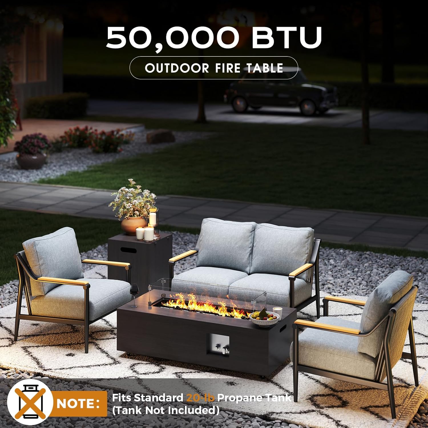Jocoevol 42 Inch Fire Pit Table with 4 Seat Outdoor Sofa Set 50000 BTU Propane Gas Patio Furniture Sofa for Backyard, Garden, Deck