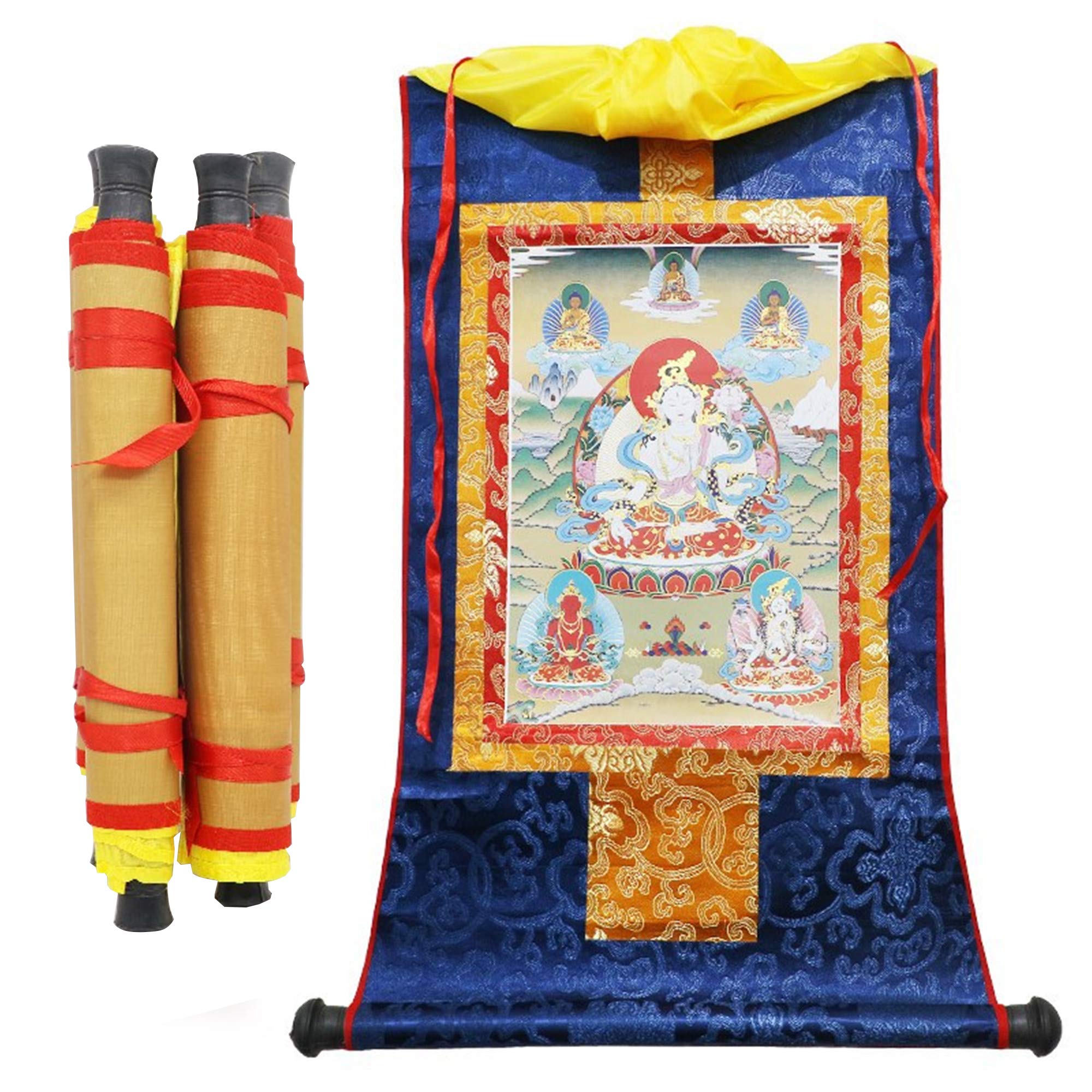 Thangka Tibétain Tara Verte Doré - Tapisserie Murale Bouddha Pour Décoration Zen, Méditation Et Spiritualité - Cadre Brocart Main