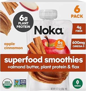 Noka Superfood Fruit Smoothie Pouches, Organic Applesauce Pouches with Apple, Cinnamon & Almond Butter, Healthy Snacks with Organic Fruits, Plant Protein, Fiber & Flax Seed, 4.22 oz (Pack of 6)