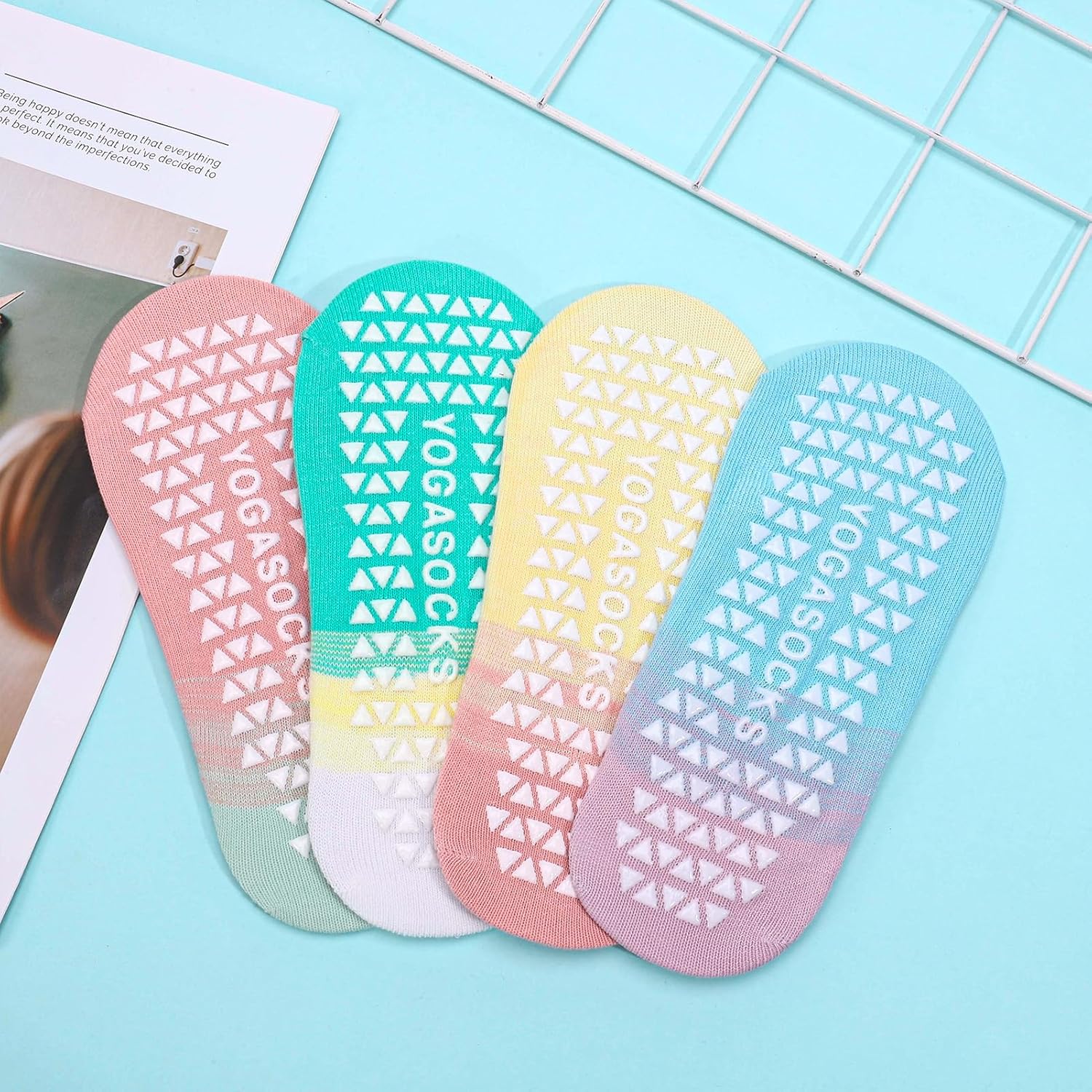 Jspupifip 4 Pairs Pilates Socks with Grips for Women X-Cross Straps Non Skid Yoga Grippy Socks Anti Slip Pilates Barre Home - Image 6