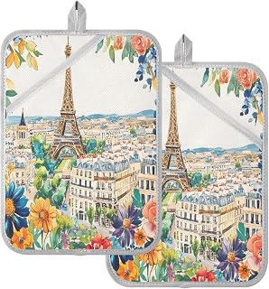 Kigai Tower View Pot Holder for Kitchen 2PCS Heat Resistant Non Slip Potholder Oven Hot Pad with Pocket & Cotton Filling for Baking Cooking, 7x9.8 inch