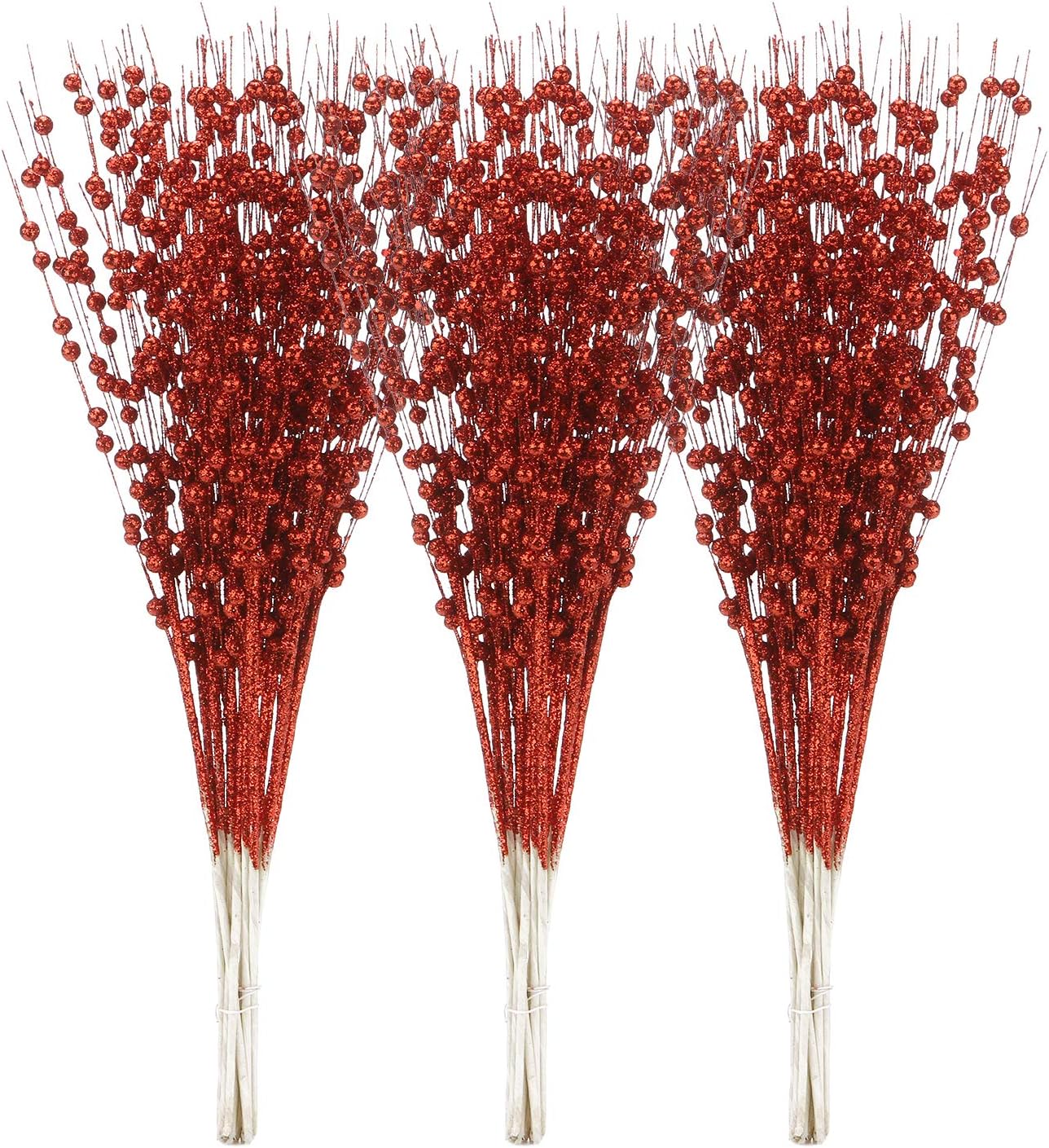 Sea Team 24-Pack Artificial Glitter Berry Stem Ornaments, Decorative Bead Sticks, Glittery Twigs, Picks, Branches for Christmas Tree, Small Vase, Holiday, Wedding, Party (17 Inches, Red) 17-Inch Red