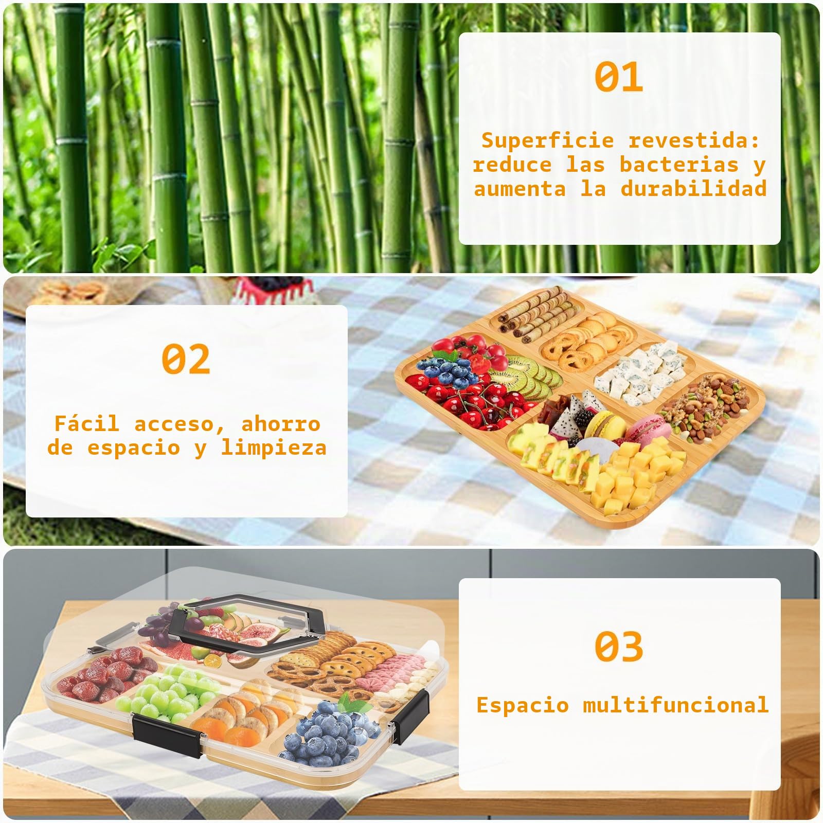 BigKing Bandeja para servir de bambú, bandeja de aperitivos con tapa y 6 ranuras, tabla de bambú para quesos, recipientes para frutas, aperitivos, dulces, verduras, nueces, picnics
