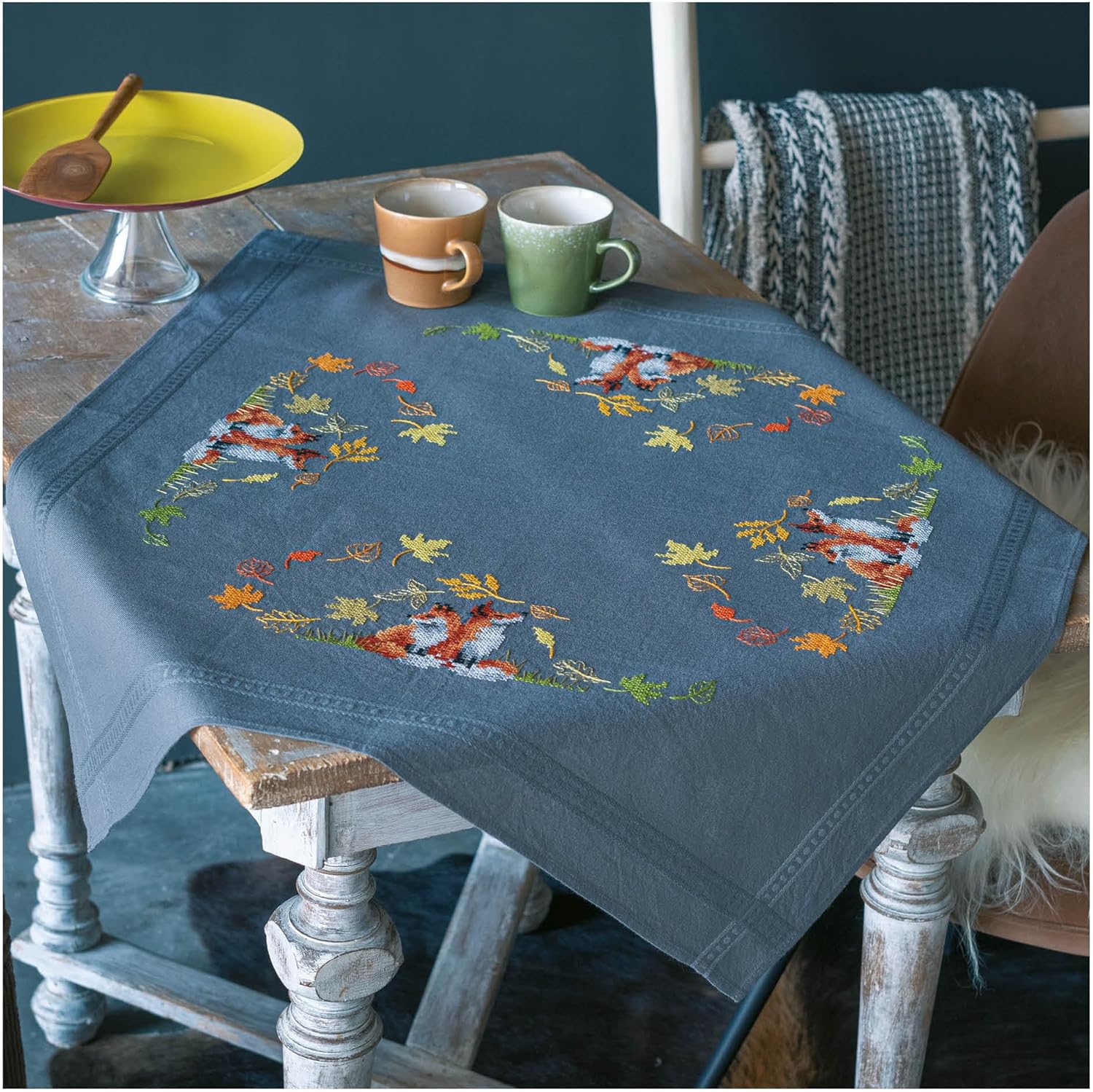 Vervaco Stamped Cross Stitch kit tablechloth Foxes in Autumn, 80x80cm, DIY