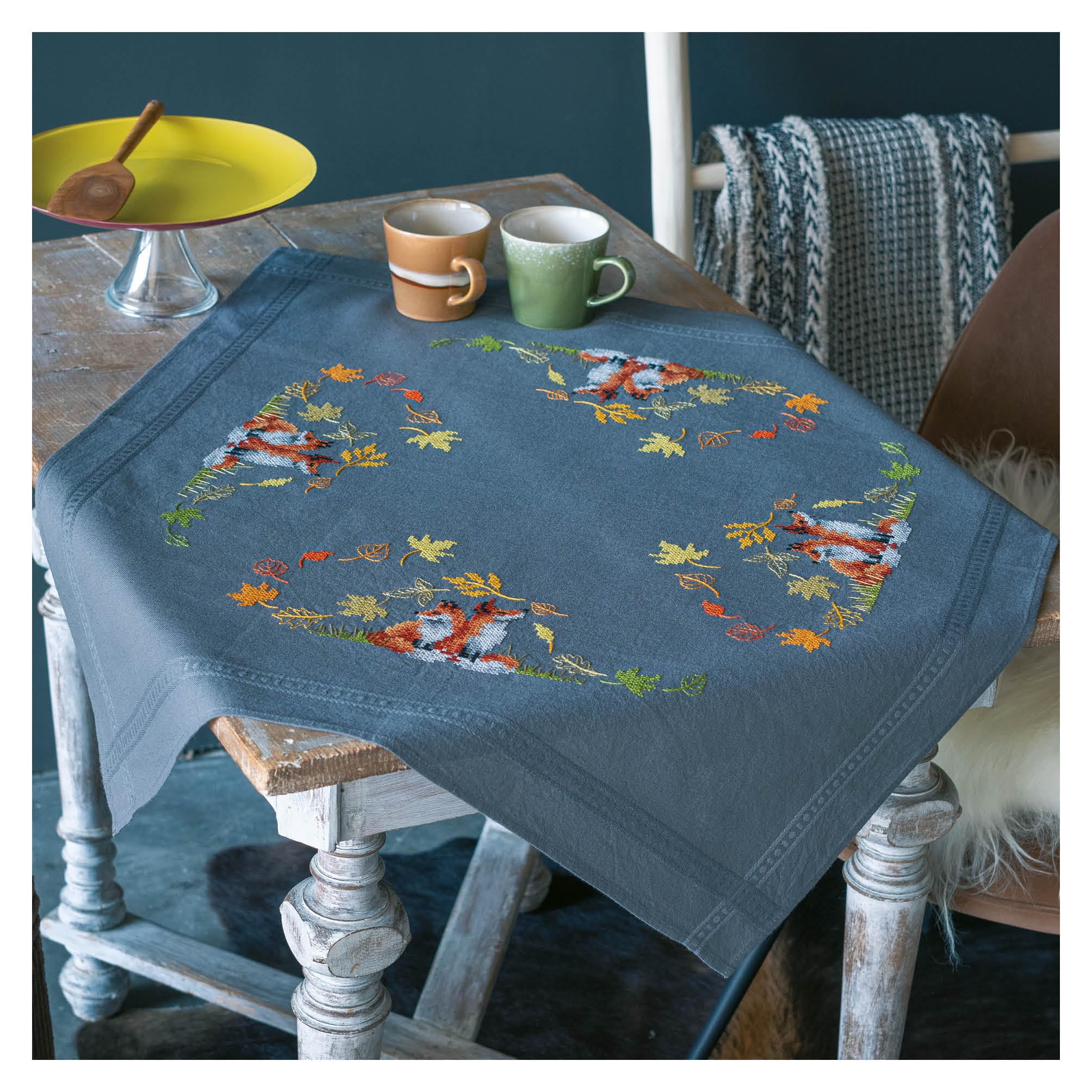 Vervaco Fox Autumn Tablecloth Kit, Dark Grey, Approx. 80 x 80 cm