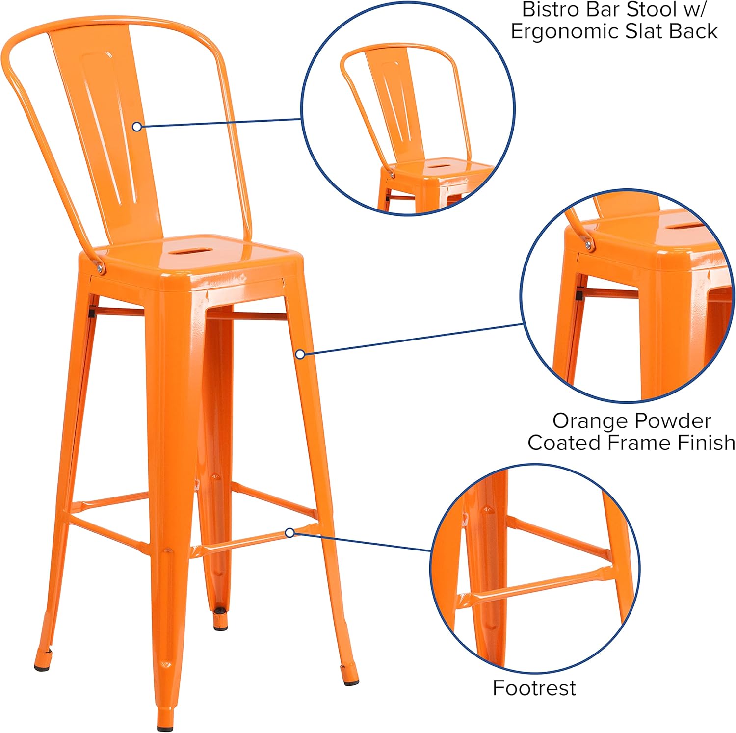 EMMA + OLIVER Commercial Grade 30" H Orange Metal Indoor-Outdoor Barstool with Back