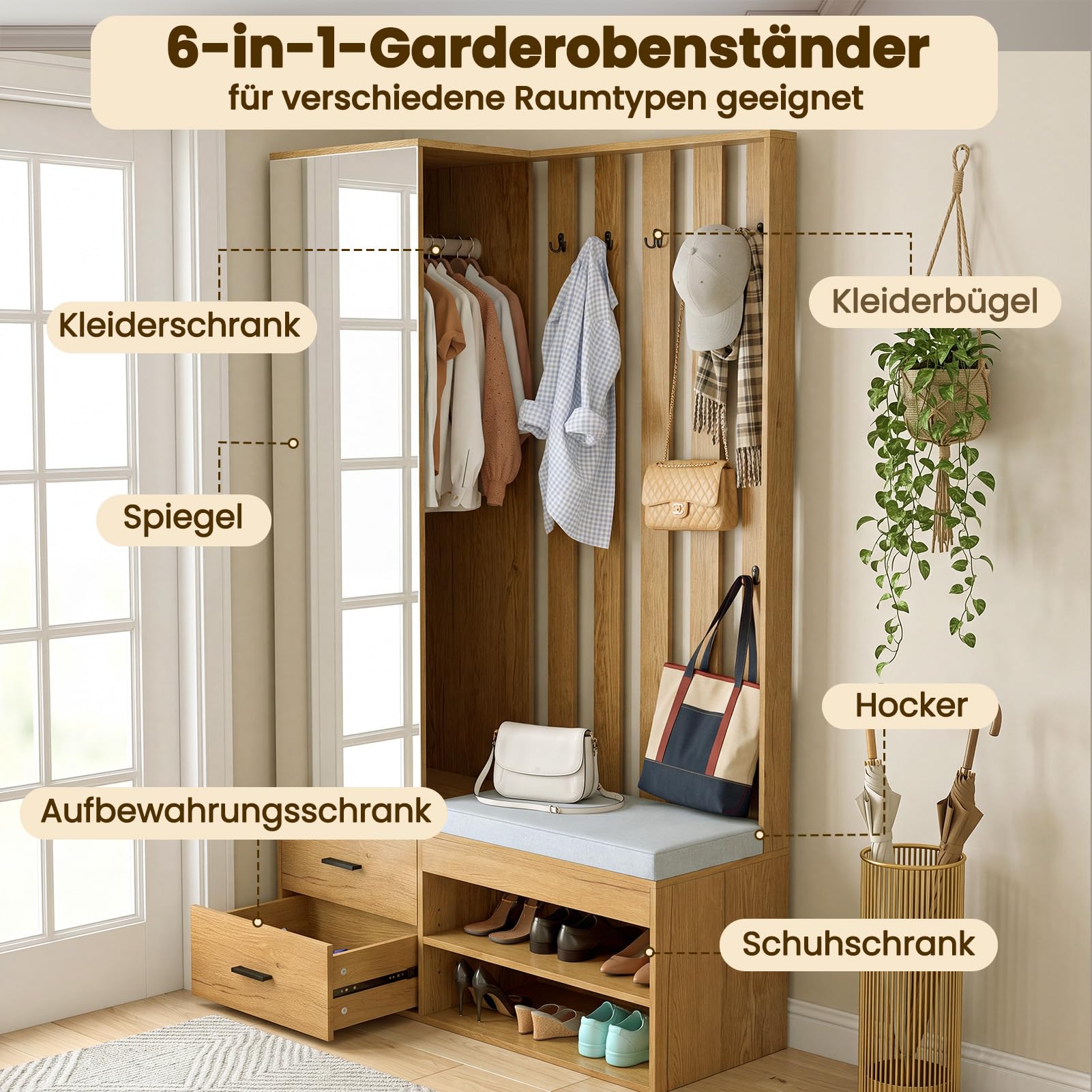 HAUSPROFI Garderobe Set Garderobenset Hoch mit Spiegel und Sitzbank, Garderobenschrank Flurgarderoben Set mit Haken und 2 Schuhschrank, Kompaktgarderobe mit 2 Schubladen, Flur Möbel, Holzfarbe