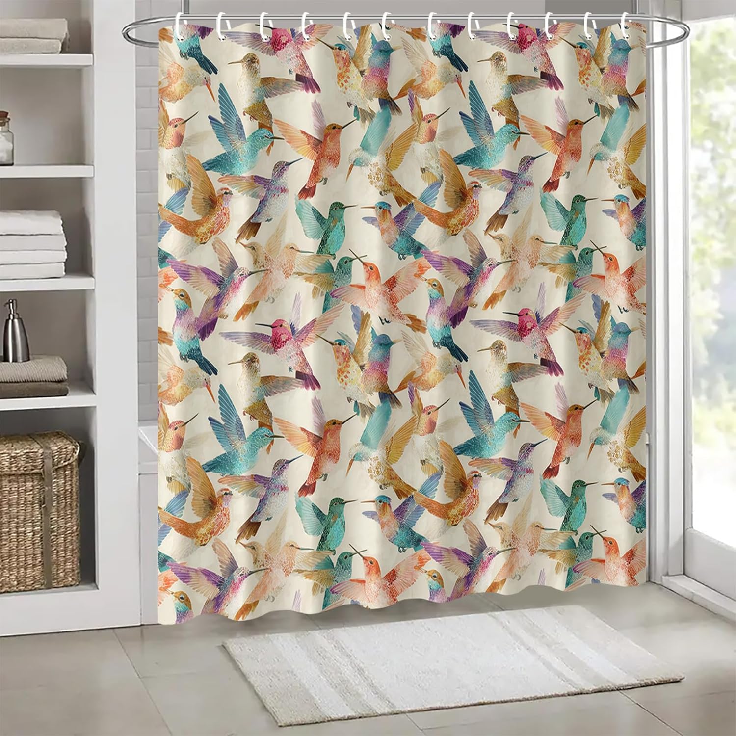 Colorful Hummingbird Shower Curtain 72x72 Inch with Hooks Vibrant Watercolor Birds Fabric Bathroom Decor for Nature Lovers Tropical Wildlife Theme Bathtub