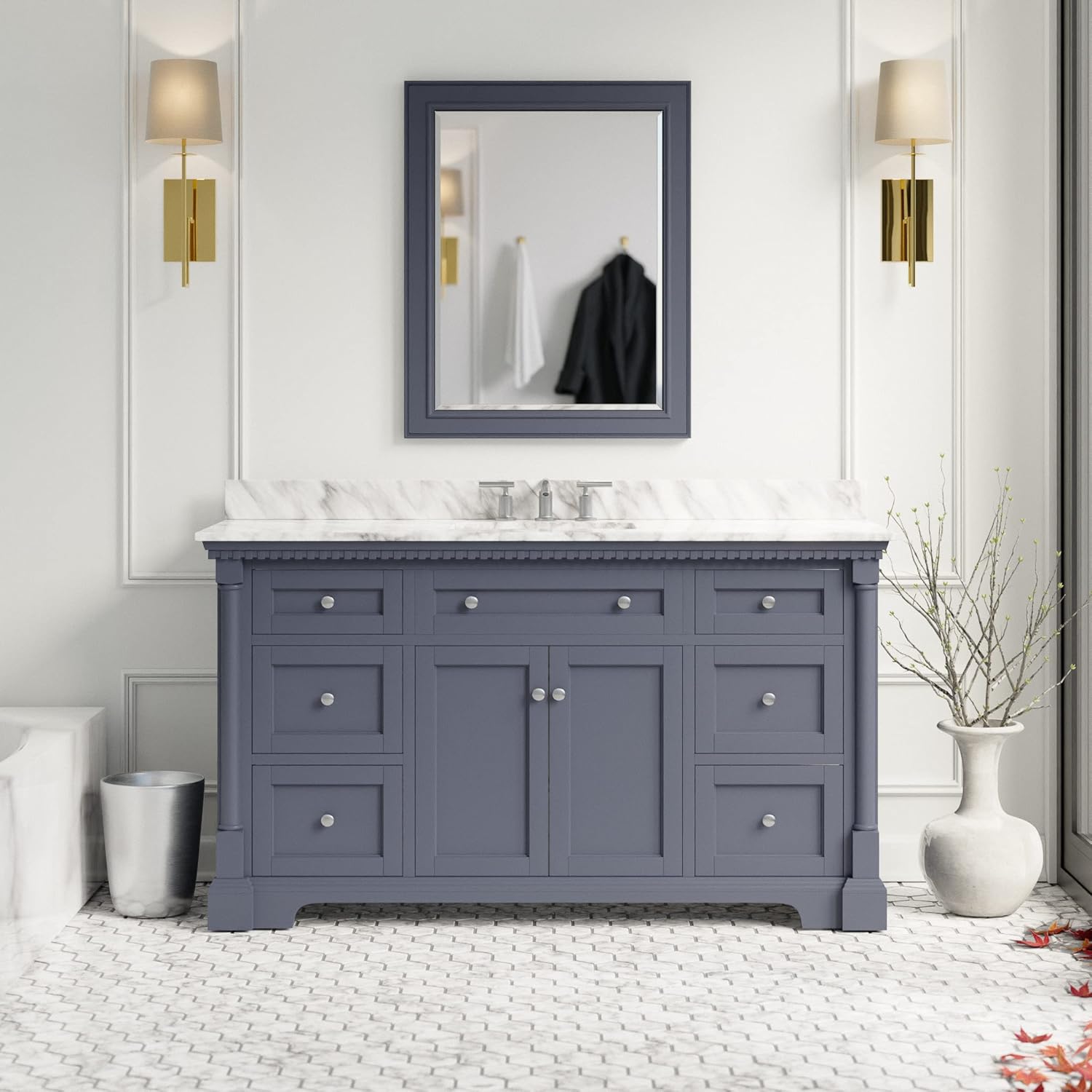 Kitchen Bath Collection Sydney 60-inch Single Bathroom Vanity (Carrara/Marine Gray): Includes Marine Gray Cabinet with Authentic Italian Carrara Marble Countertop and White Ceramic Sink