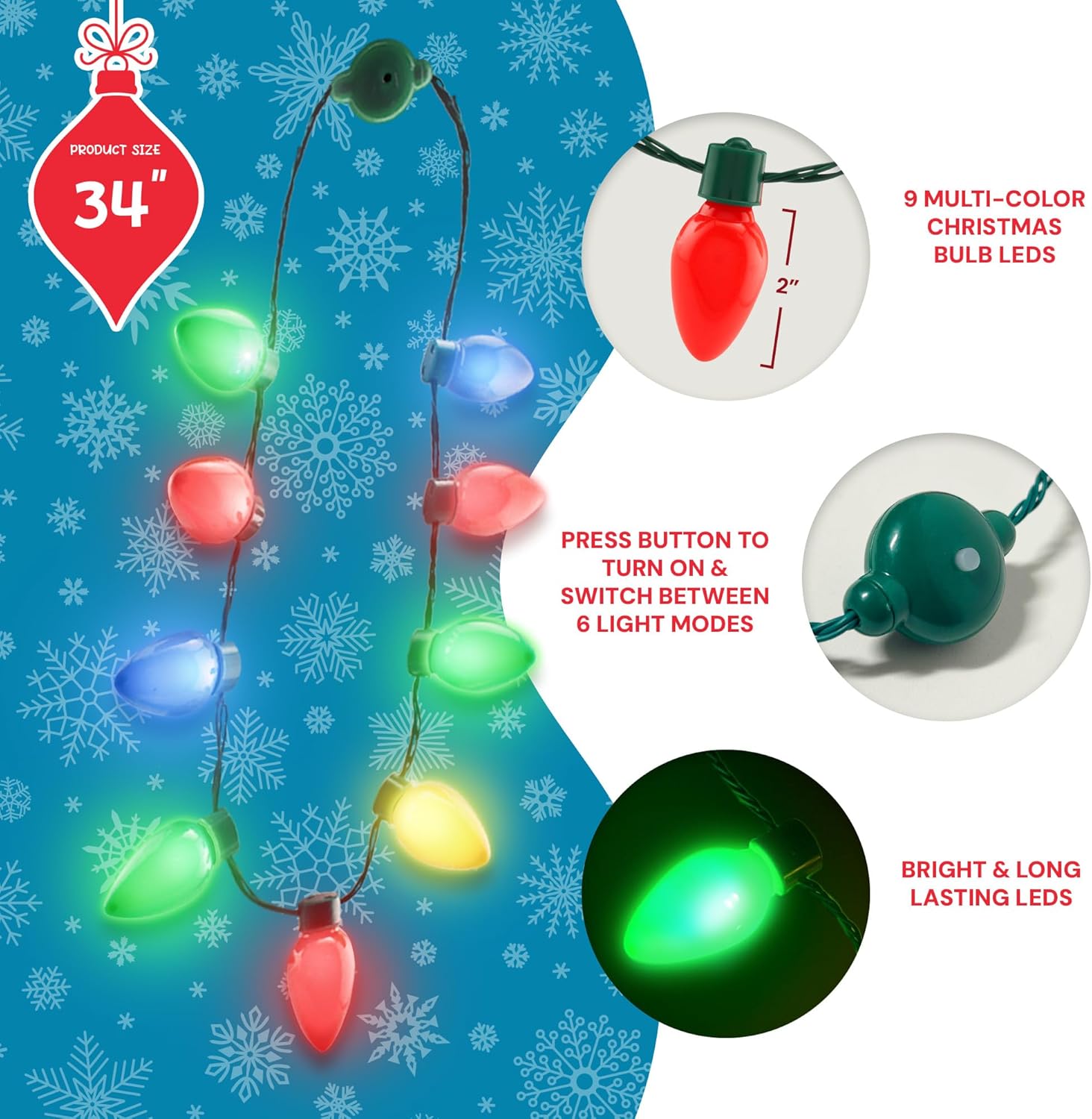 Windy City Novelties 9 Bulb Christmas LED Light Up Necklace Holiday Costume Accessories for Christmas Xmas Party Favor Party Supply (20)