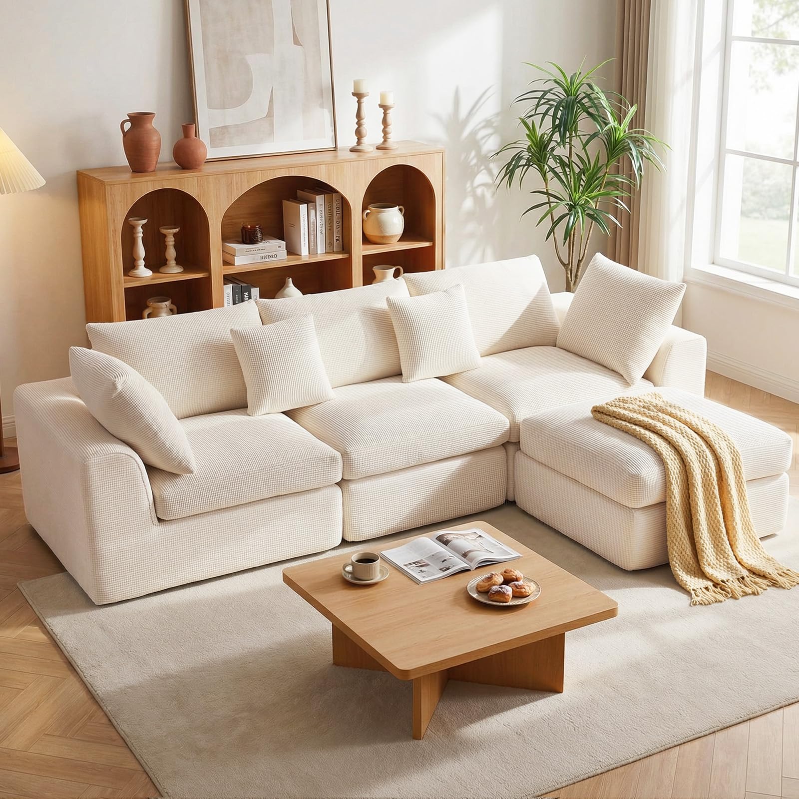 Benazcap 110" Cloud Sectional Couches for Living Room, L-Shaped Convertible Sofa, 3-Seat Modular Boneless Couch with Movable Ottoman, Beige