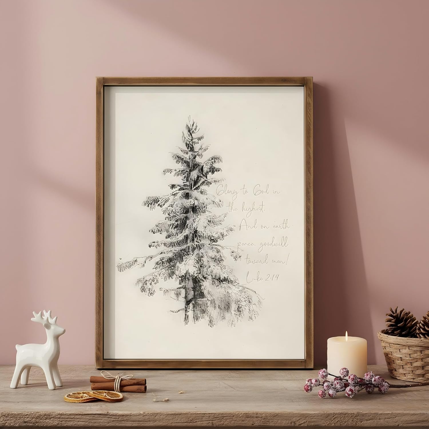 Ronasip Vintage Framed Christian Wall Art - Sketch Pine Trees Biblical Painting With Scripture 'Glory To God In The Highest' -Rustic Wall Sign, Winter Scene Wall Art Decor, Home Decor (16"x24", Brown)