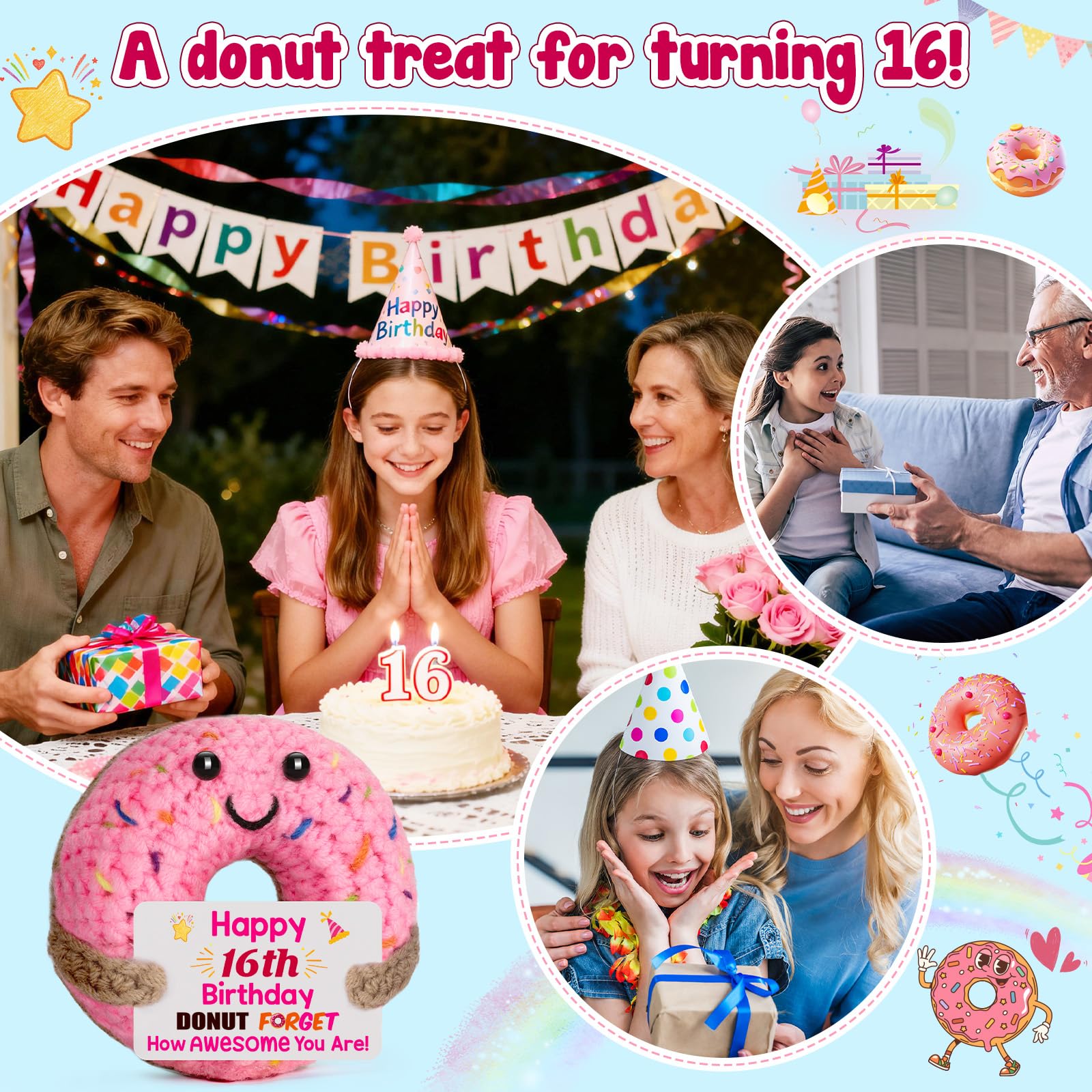BuiltFit Sweet 16 Birthday Gifts - 16th Sixteen Year Old Gifts for Girls Boys, Cute Crochet Donut Happy 16 th Bday Party Favors Decorations New Driver Present for Teens Daughter Granddaughter