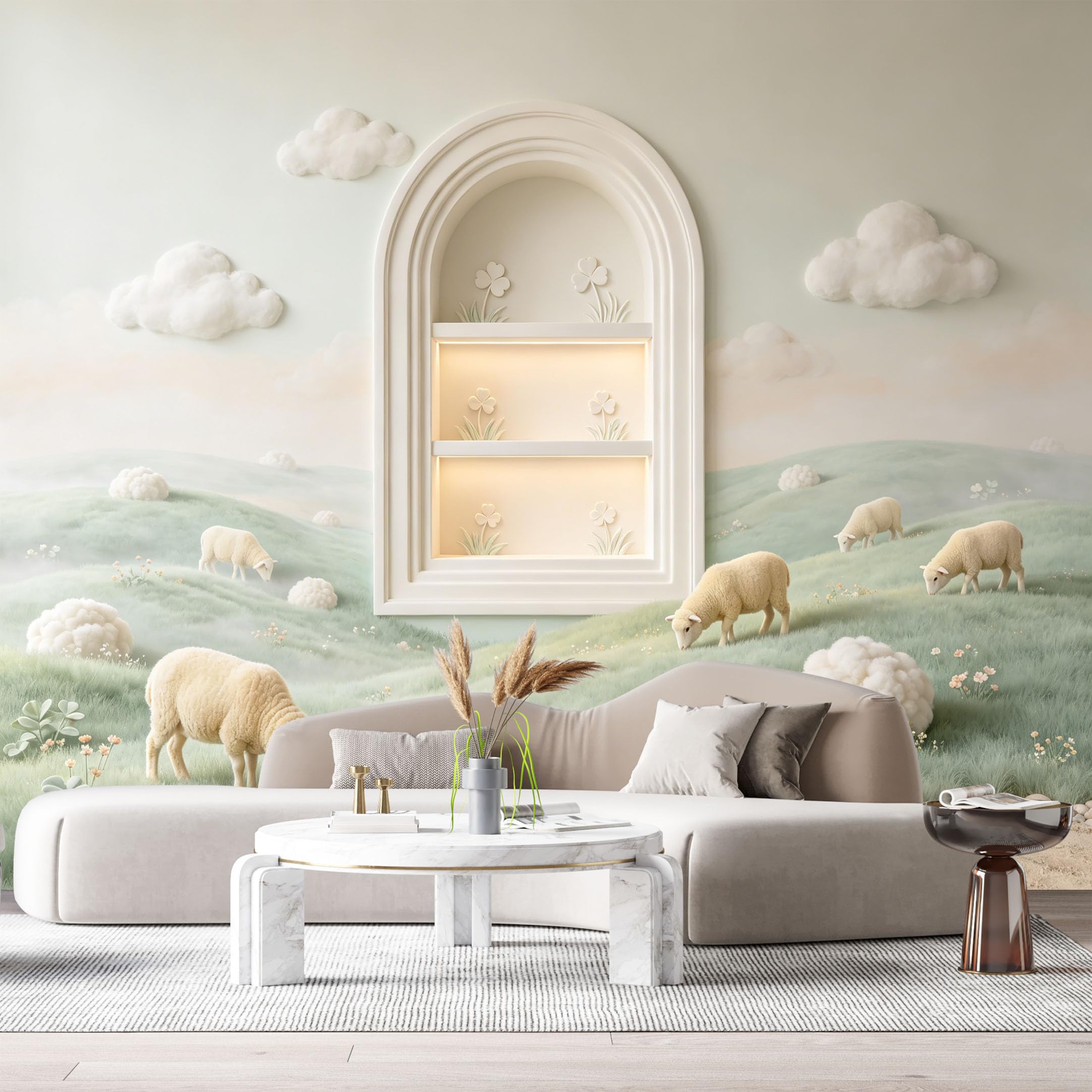 Custom Size Wall Murals Sheep Hill Arch Window 3D Trompe L'Oeil SelfAdhesiveWall Fabric Removable Wallpaper Wall Decor for Living Room Bedroom Bathroom