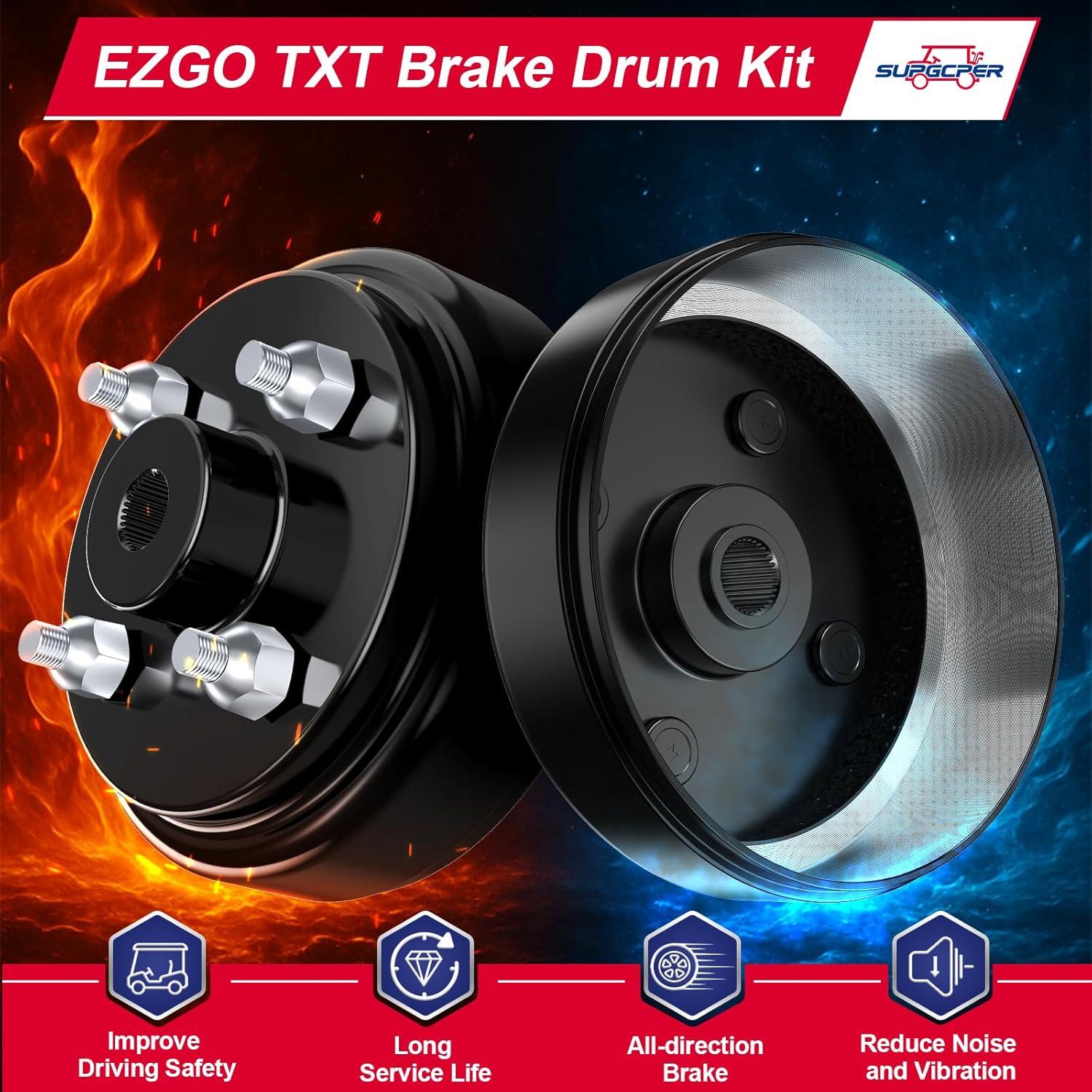 EZGO Brake Drum Kit for TXT 1996-Up Electric Vehicles，Golf Cart Brake Hub Drum Repair Kit Includes EZGO TXT Brake Drum/Hubs&Brake Shoes&Brake Spring Kit, OEM Replace#19186G1, 70794G01, 70795G01
