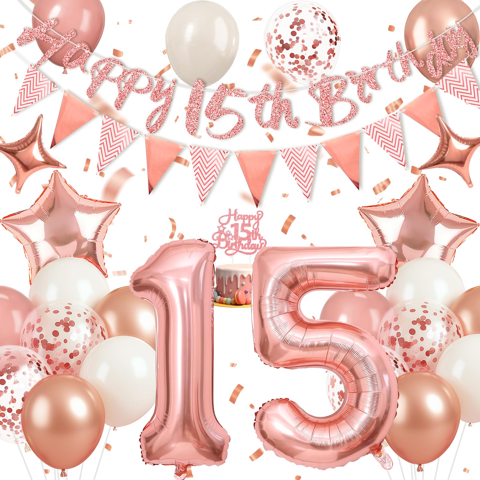Happivue 15th Birthday Decorations, Sweet Balloons Party Decoration for Girls, With Happy 15th Birthday Banner, Cake Toppers and Triangle Flags, Foil Balloon, 15 Rose Gold Party Decoration for Her โ image 1