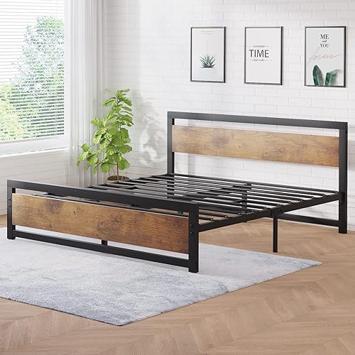 Miniatura 7 de Amyove Base de cama de tamaño matrimonial con cabecera de madera, plataforma de cama de metal matrimonial de 14 pulgadas, no necesita somier, con