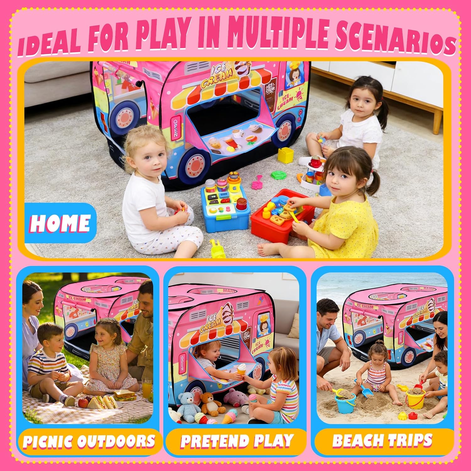 Ice Cream Truck Pop Up Play Tent for Kids, Indoor Outdoor Children's Playhouse Foldable Pretend Play Toddler Toys Birthday Gift for Boys Girls Ages 3 4 5 6 Year Old