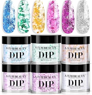 AZUREBEAUTY Dip Powder Nail Set, Blue Green Yellow Silver Light Dark Pink with Sparkle Aluminum Foil, 6 Colors All Seasons Dipping Powder Starter Kit Nail Art Manicure Salon, No Need Nail Lamp Cured