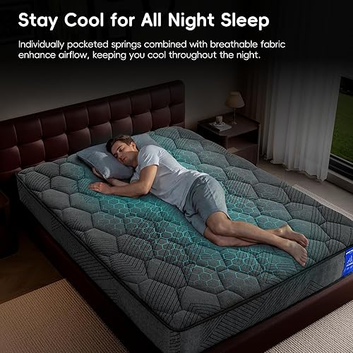 Miniatura 7 de Colchón híbrido King, espuma viscoelástica de gel refrescante y bobinas envueltas individualmente para alivio de presión, firmeza media, aislamiento