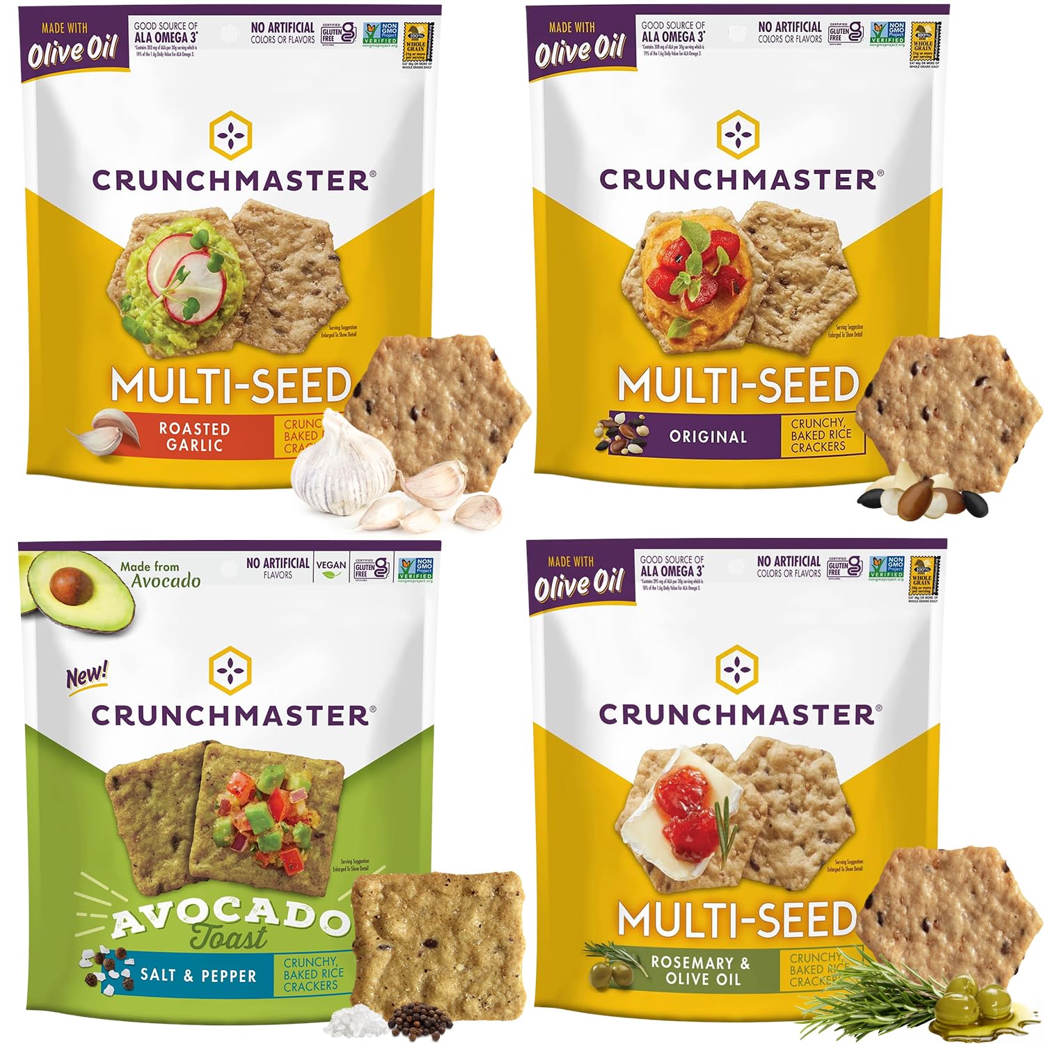 LJJCrunch Masters Multi-seed Crackers, Avacado Toast Salt & Pepper, Rosemary & Olive Oil, Roasted Garlic, Original, 4 Oz Bags (4 Pack Variety)